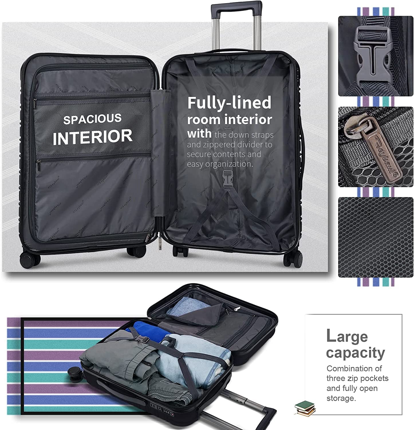 TSA Lock Hardshell Spinner Luggage Set - 20in 24in 28in Carry On PC+ABS Suitcase (Black) for Travel, Business Trips & Vacation Packing