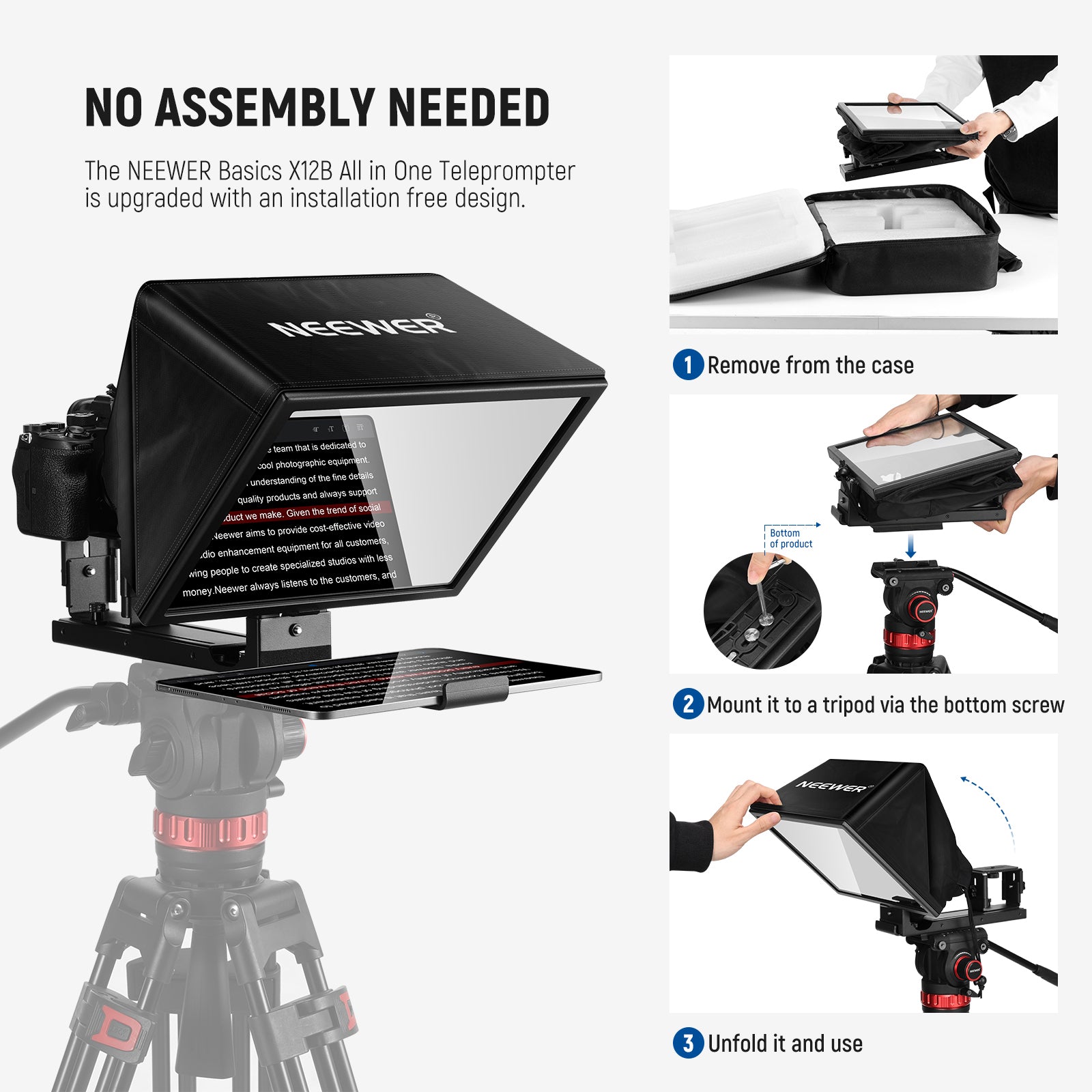 NEEWER BASICS X12B Professional Aluminum Alloy Adjustable Teleprompter for Video Recording, Live Streaming & Presentations - Perfect for YouTubers, Filmmakers & Public Speakers
