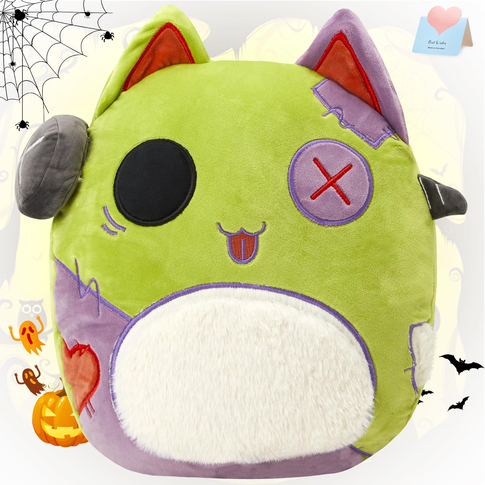 12'' Zombie Cat Soft Plush Pillow - Cute Spooky Stuffed Animal Toy for Kids & Toddlers | Halloween Party Decor, Bedroom Cuddle Buddy, Themed Gift for Horror Fans