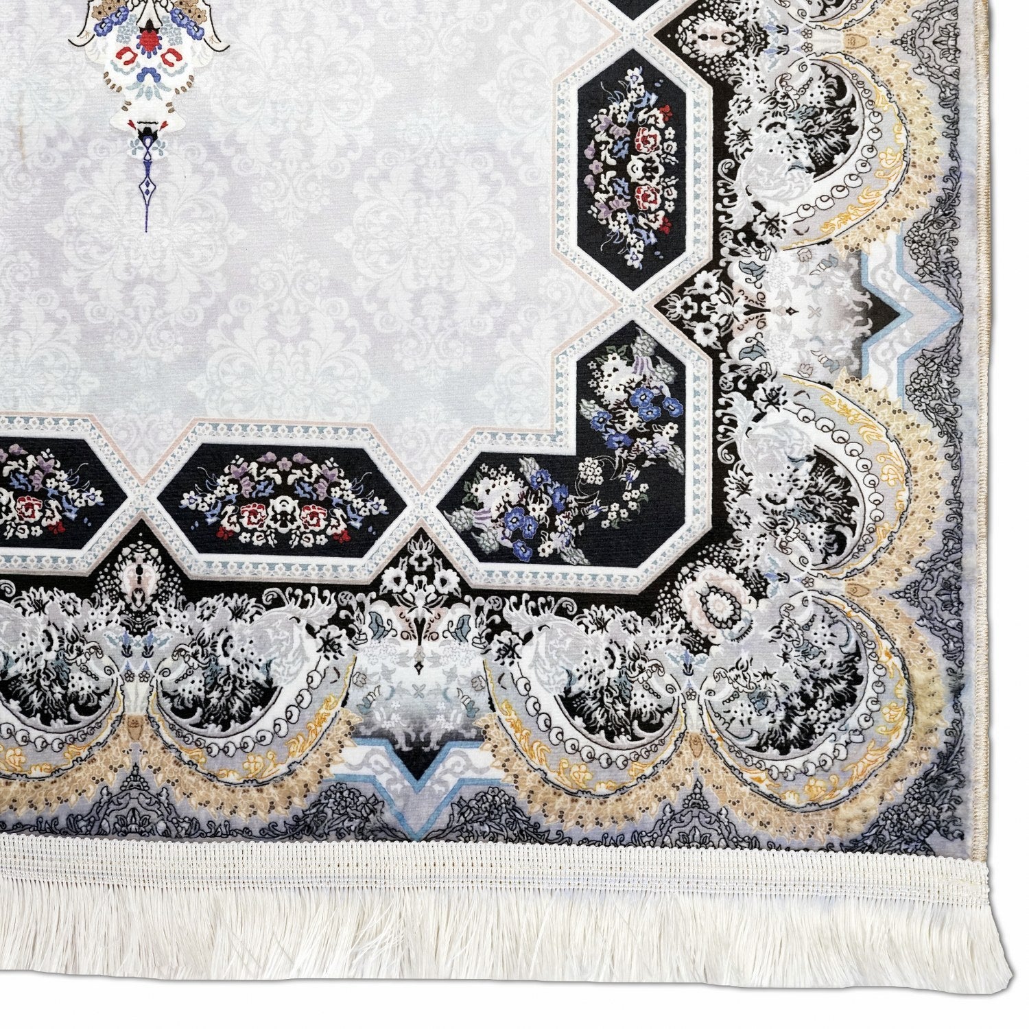 Premium Muslim Prayer Mat with White & Gold Intricate Islamic Designs - Non-Slip Travel Prayer Rug for Home, Mosque & Outdoor Use