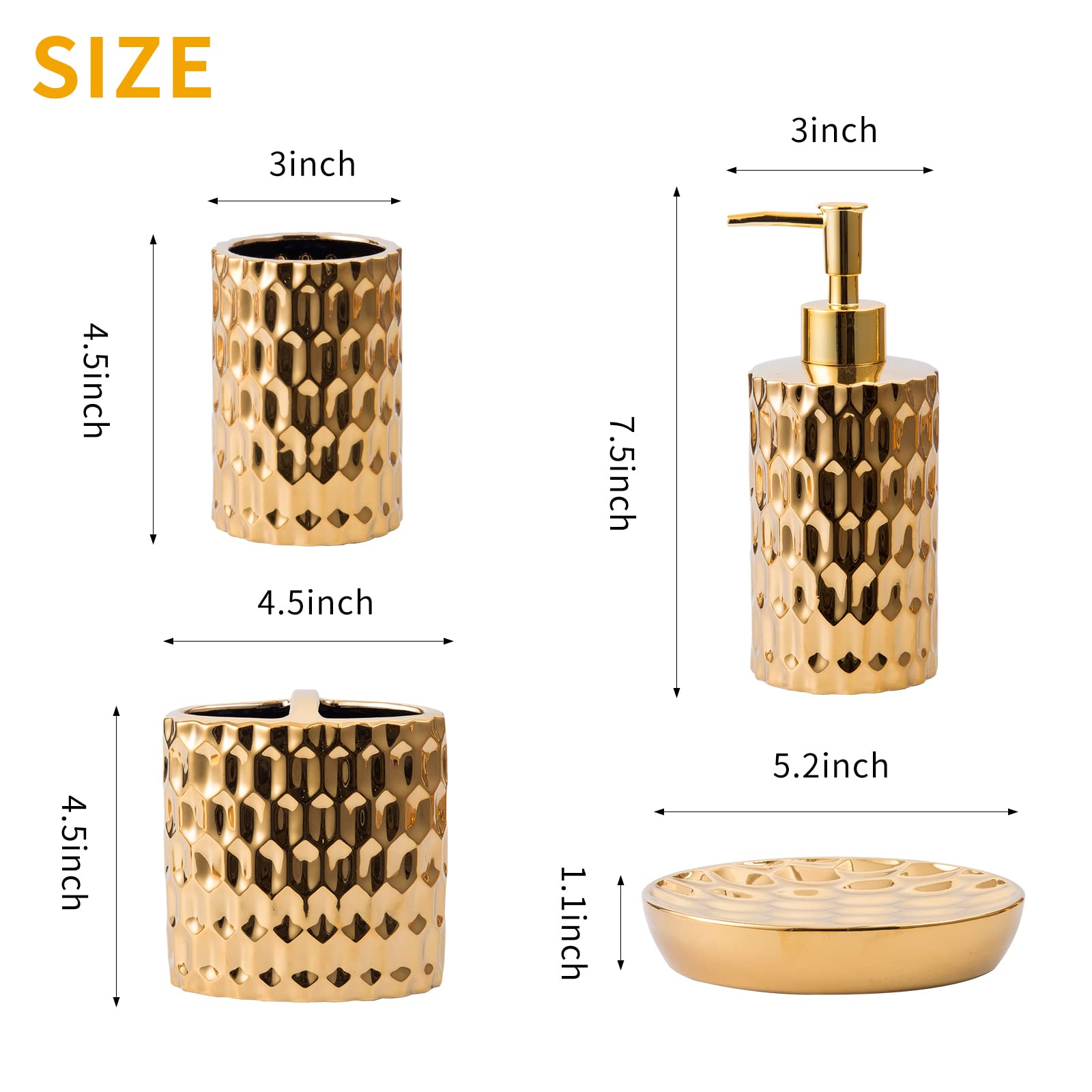 Luxury 5-Piece Gold Bathroom Accessories Set - Ceramic Toothbrush Holder, Soap Dispenser, Soap Dish, Tumbler & Trash Can | Elegant Bathroom Decor for Modern Homes & Hotels | Perfect for Spa-Like Experience & Upscale Interior Design