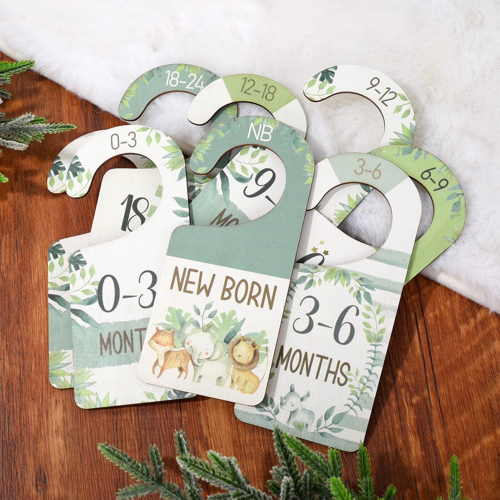 Whaline 8Pcs Baby Closet Organizer Dividers - Watercolor Jungle Animals Hanging Wooden Size Tags (Newborn to 24 Months) - Double-Sided Thick Wardrobe Dividers for Nursery Organization & Baby Clothes Storage