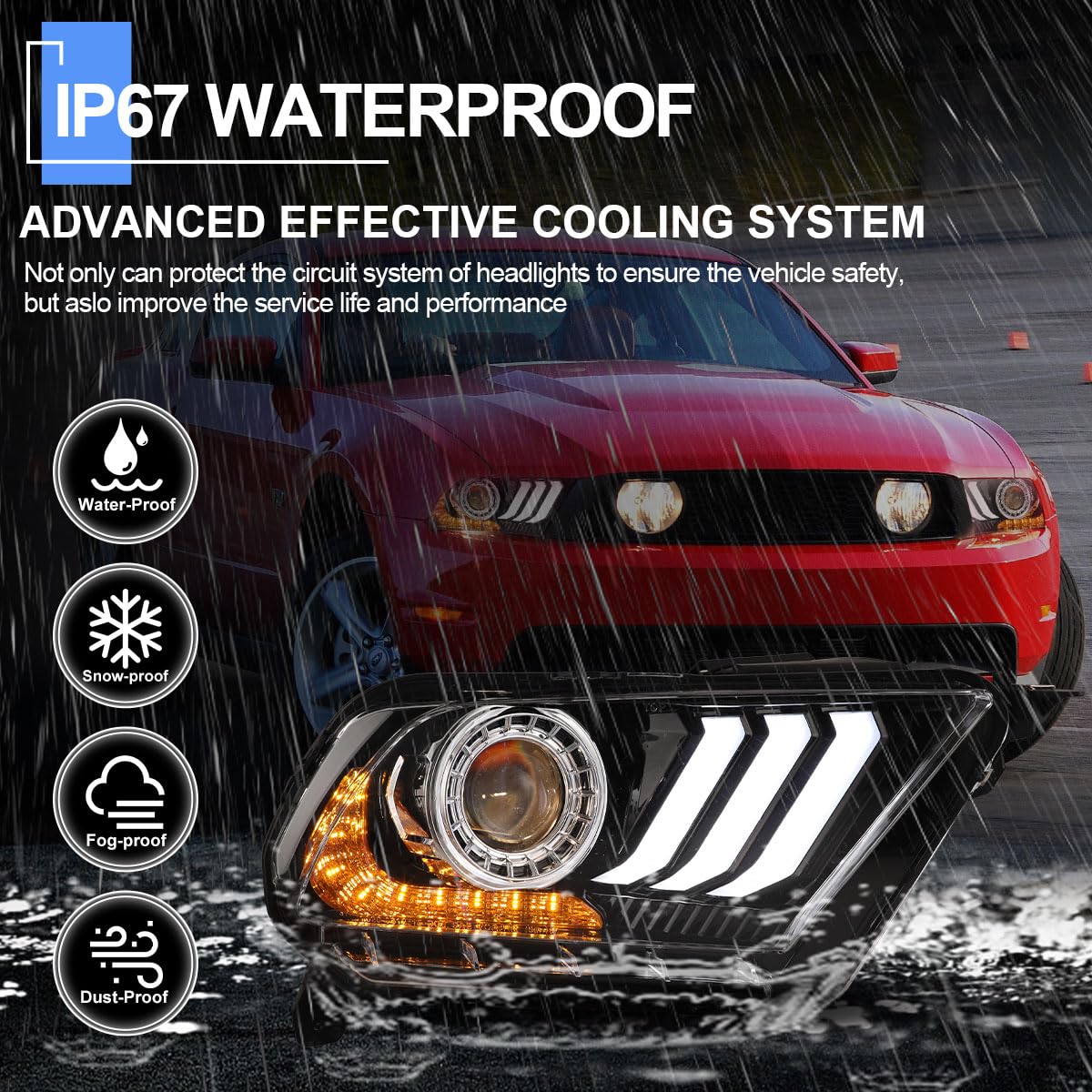 ROXX LED Sequential Headlights for 2010-2012 Ford Mustang (Halogen Models Only) - High/Low Beam Projector Headlights with S550 Style LED DRL & Amber Sequential Turn Signals - Driver & Passenger Side - Perfect for Night Driving & Car Customization