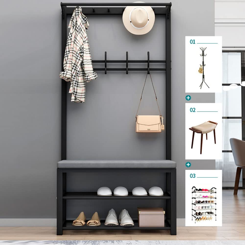 3-in-1 Entryway Organizer - Coat Rack Shoe Bench with Seat Cushion, 9 Hooks & Hanging Bars, Metal Frame Storage Shelf for Hallway, Home Office, Bedroom - Perfect for Small Space Organization & Shoe Storage at Entrance