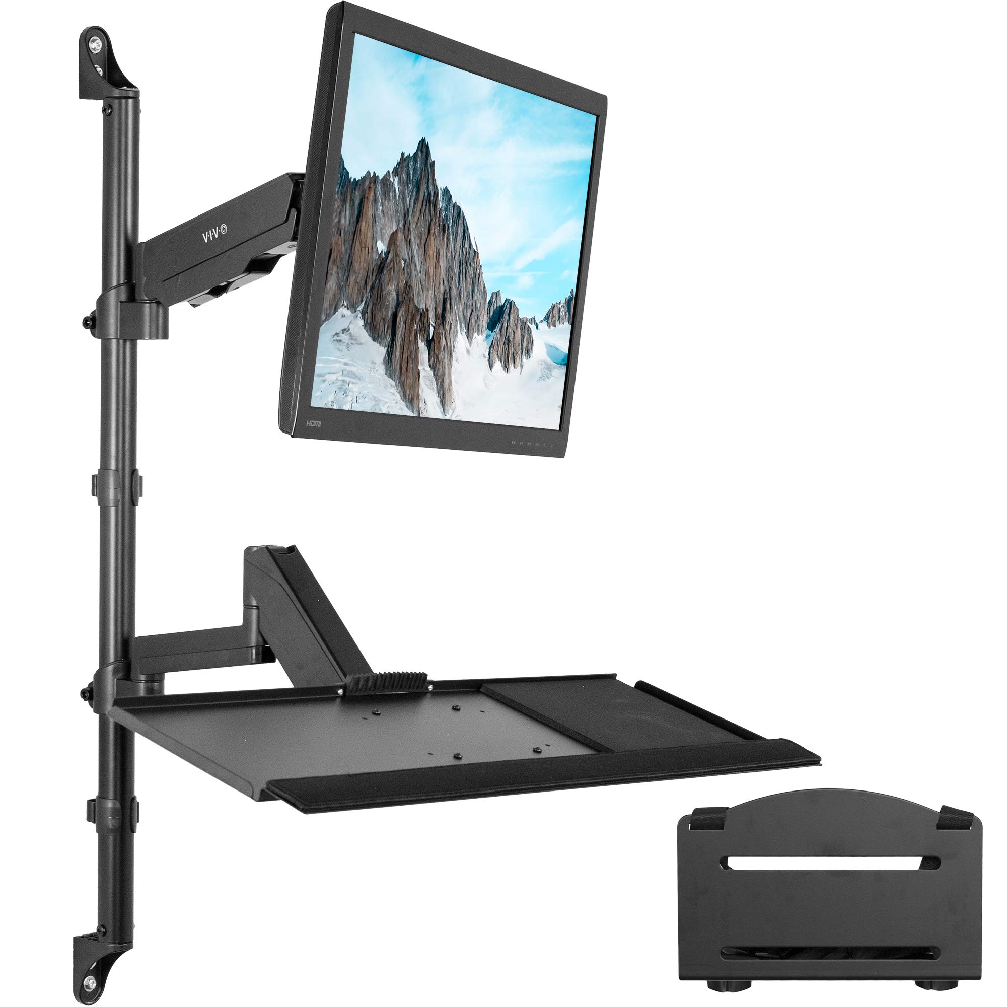 VIVO Black Sit-Stand Height Adjustable Pneumatic Spring Arm Monitor Mount for 1 Screen up to 32 inches - Ergonomic Keyboard & CPU Wall Mount - Perfect for Home Office, Gaming Setup & Workspace Organization