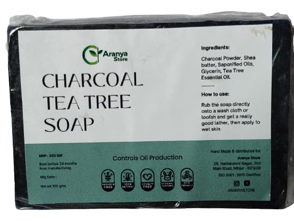 **Aranya Store Natural Charcoal Tea Tree Soap for Acne & Oily Skin – Deep Cleansing, Exfoliating & Detoxifying Facial & Body Soap for Clear, Healthy Skin**    *(Use for daily skincare, acne treatment, body detox, and gentle exfoliation – ideal for oily, combination, or sensitive skin.)*