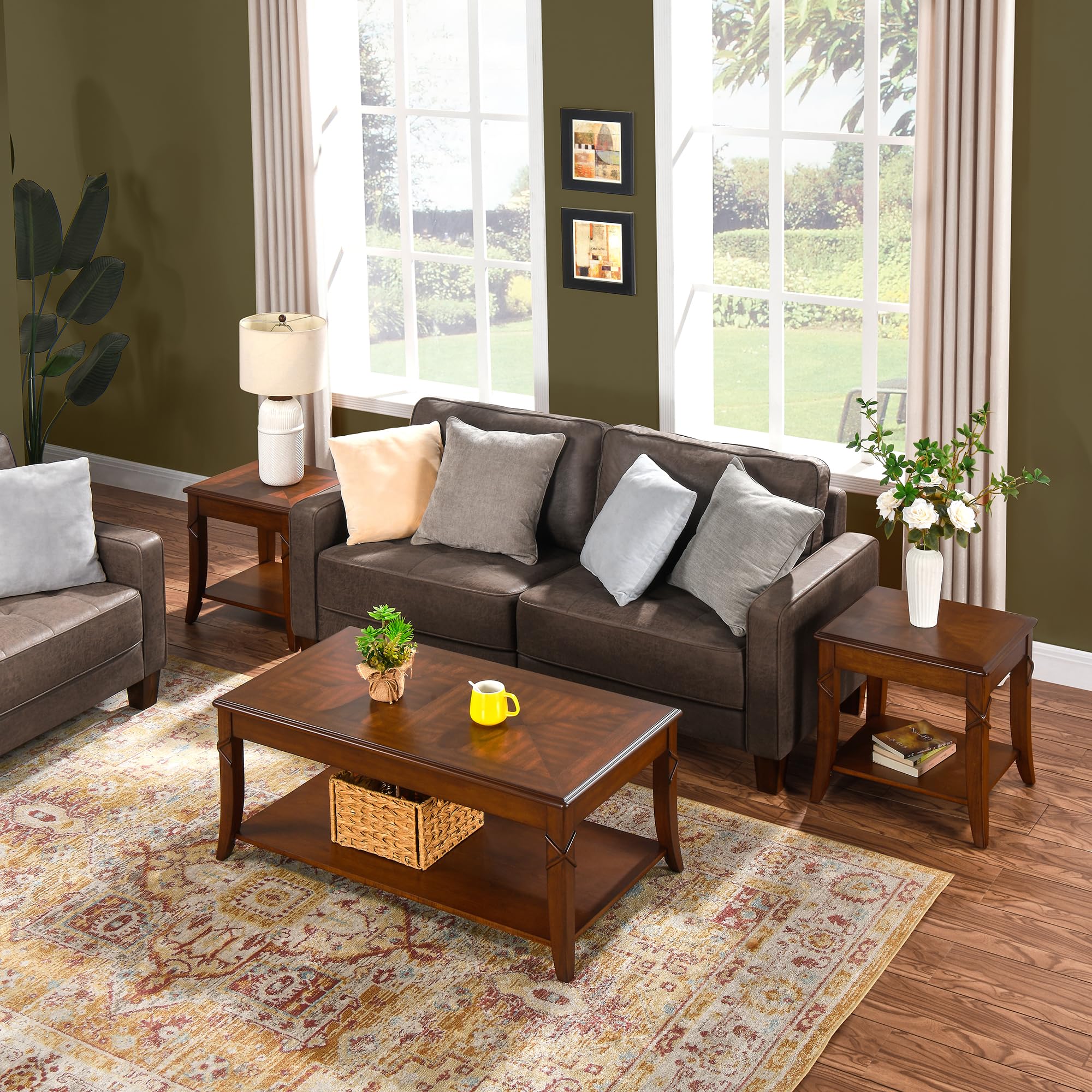 Mid-Century Modern Coffee Table Set with Storage Shelf - 3-Piece Solid Wood Living Room Furniture (1 Coffee Table + 2 End Tables) in Cherry Walnut Finish - Perfect for Living Rooms, Dens and Home Offices - KFZ-DR200-3
