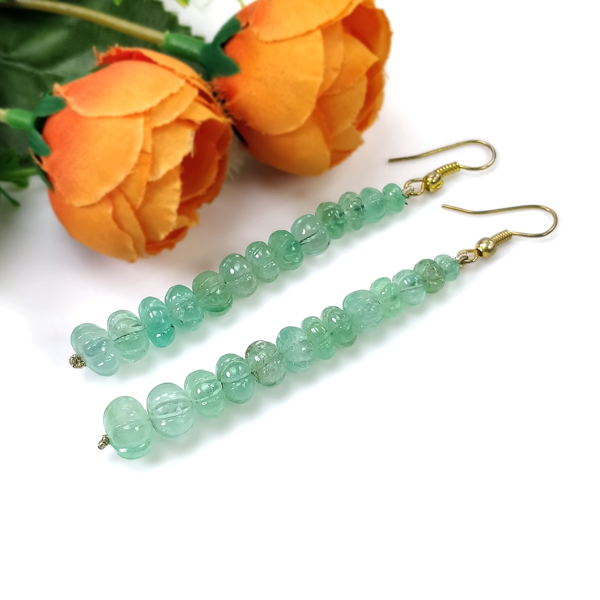 Natural Untreated Emerald Gemstone 925 Sterling Silver Beaded Hook Earrings | 43.50gms | Melon Beads Design | Elegant Jewelry for Women, Gift for Her, Wedding, Party & Special Occasions