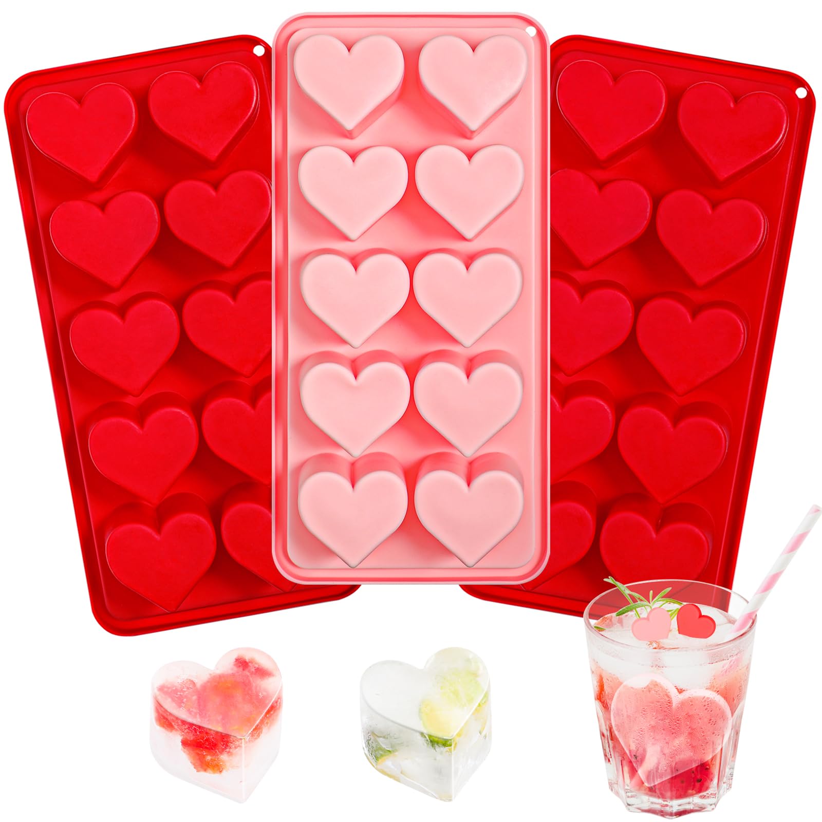 Webake 10-Cavity Heart Shaped Silicone Ice Cube Molds for Chocolate, Candy, Soap - Pink Red Cocktail Ice Trays for Whiskey, Drinks & Party Decorations (3-Pack) - Perfect for Valentine's Day, Weddings & Romantic Date Nights