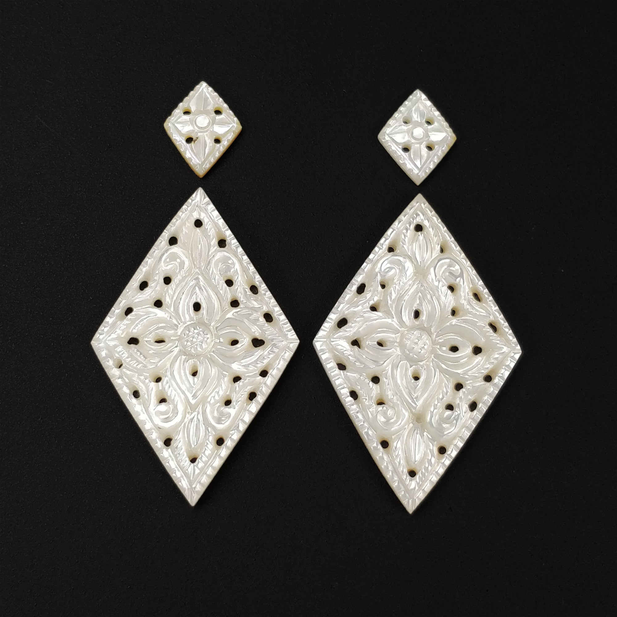 Natural Untreated White Mother of Pearl Gemstone Carving - 62.15cts Hand Carved Marquise Shapes (14x11mm to 45x29mm) 4pc Set - Perfect for Jewelry Making, DIY Crafts & Home Decor
