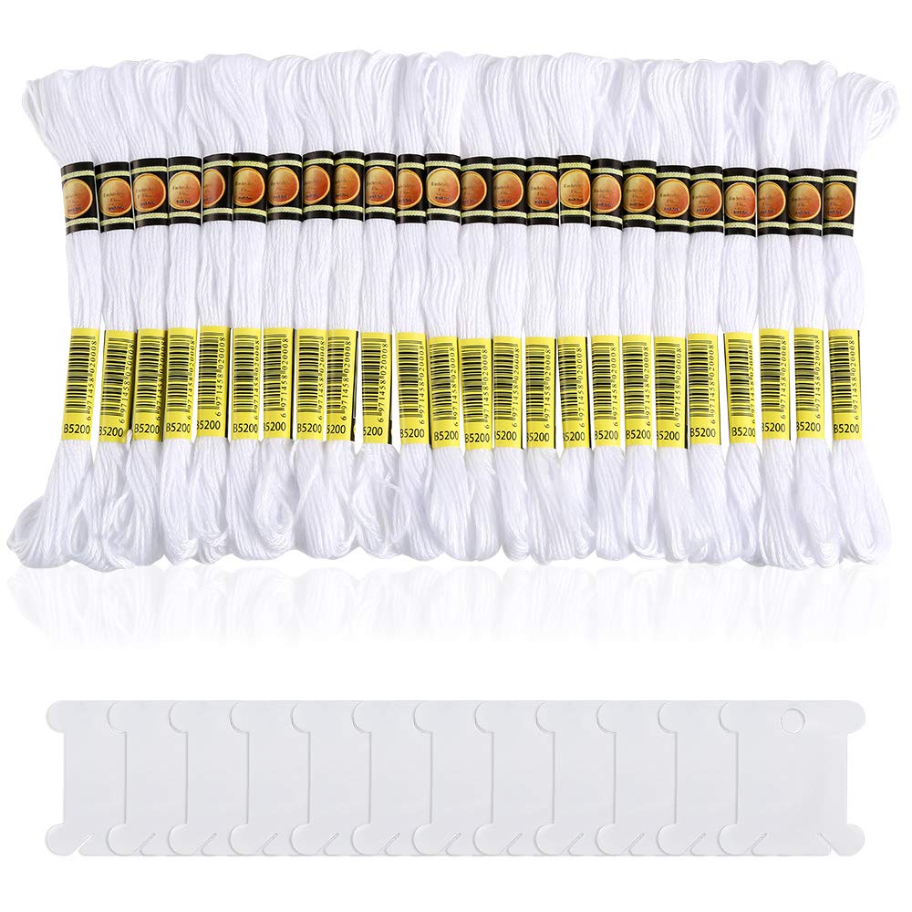 24 Skeins Friendship Bracelet Floss - White Cotton Embroidery Thread with 12 Bobbins for DIY Bracelets, Cross Stitch & Halloween Crafts - Perfect for Jewelry Making, Scrapbooking & Gift Wrapping