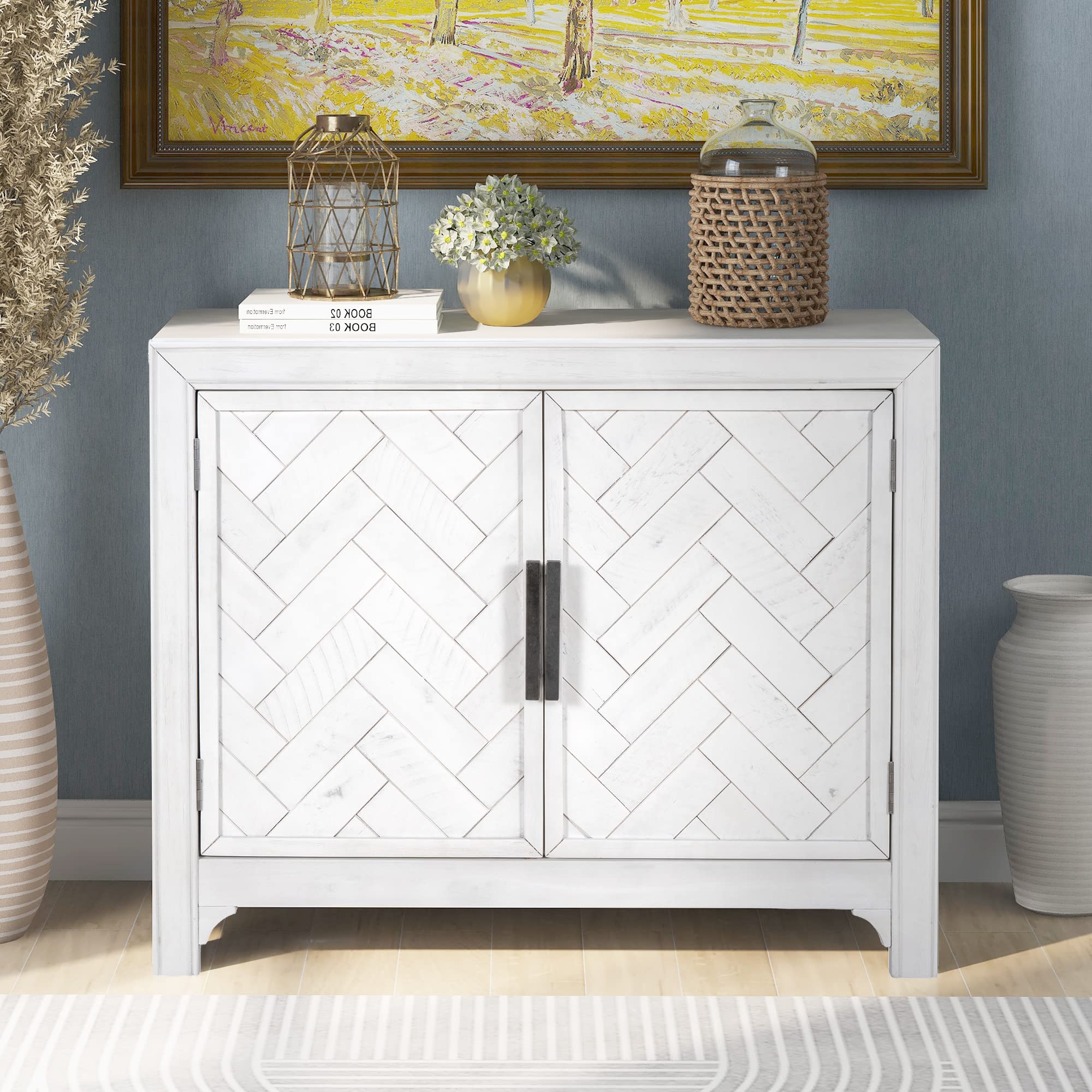 Modern Wood Storage Cabinet - Multi-Functional Console Table & Sideboard with 2 Adjustable Shelves for Entryway, Living Room, Bedroom - Antique White 40-Inch Home Organizer for Coats, Shoes & Decor
