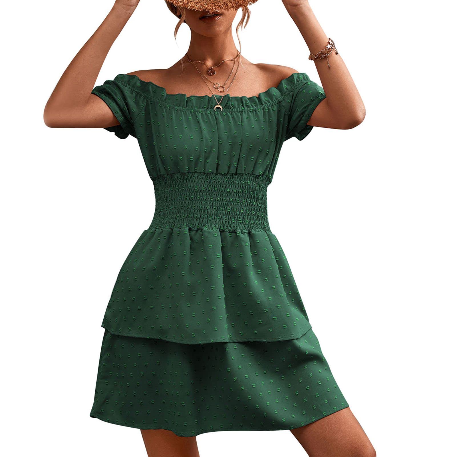 Women's Summer Off Shoulder Casual Dress - Puff Sleeve Swiss Dot Jacquard Weave Ruffle Waist Layered Hem Midi Dress (XL, Green) | Perfect for Beach Vacations, Date Nights & Summer Parties