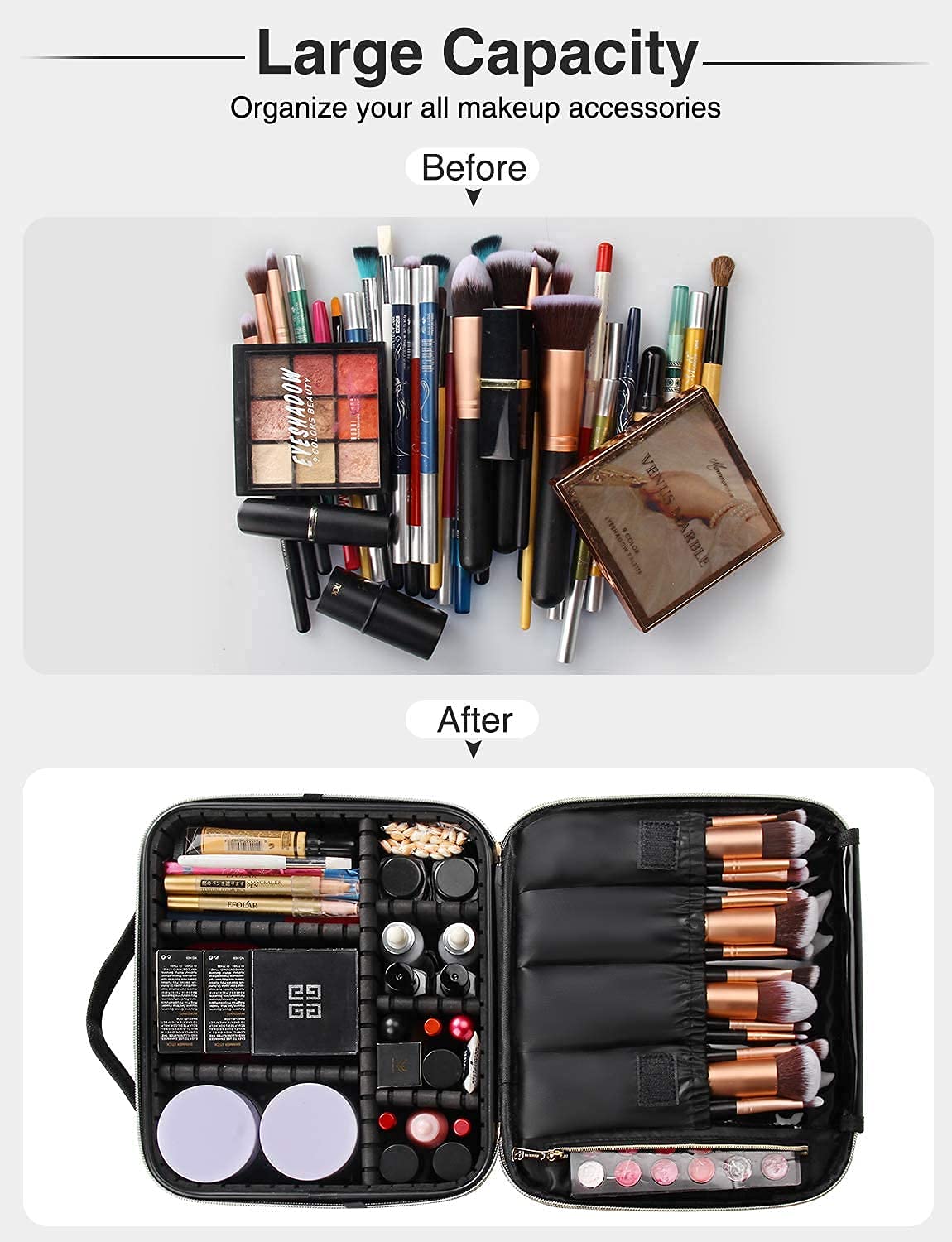 Virza Travel Makeup Case - Portable Cosmetic Train Case Organizer with Adjustable Dividers, Black | Perfect for Professional Makeup Artists & Travel Cosmetics Storage