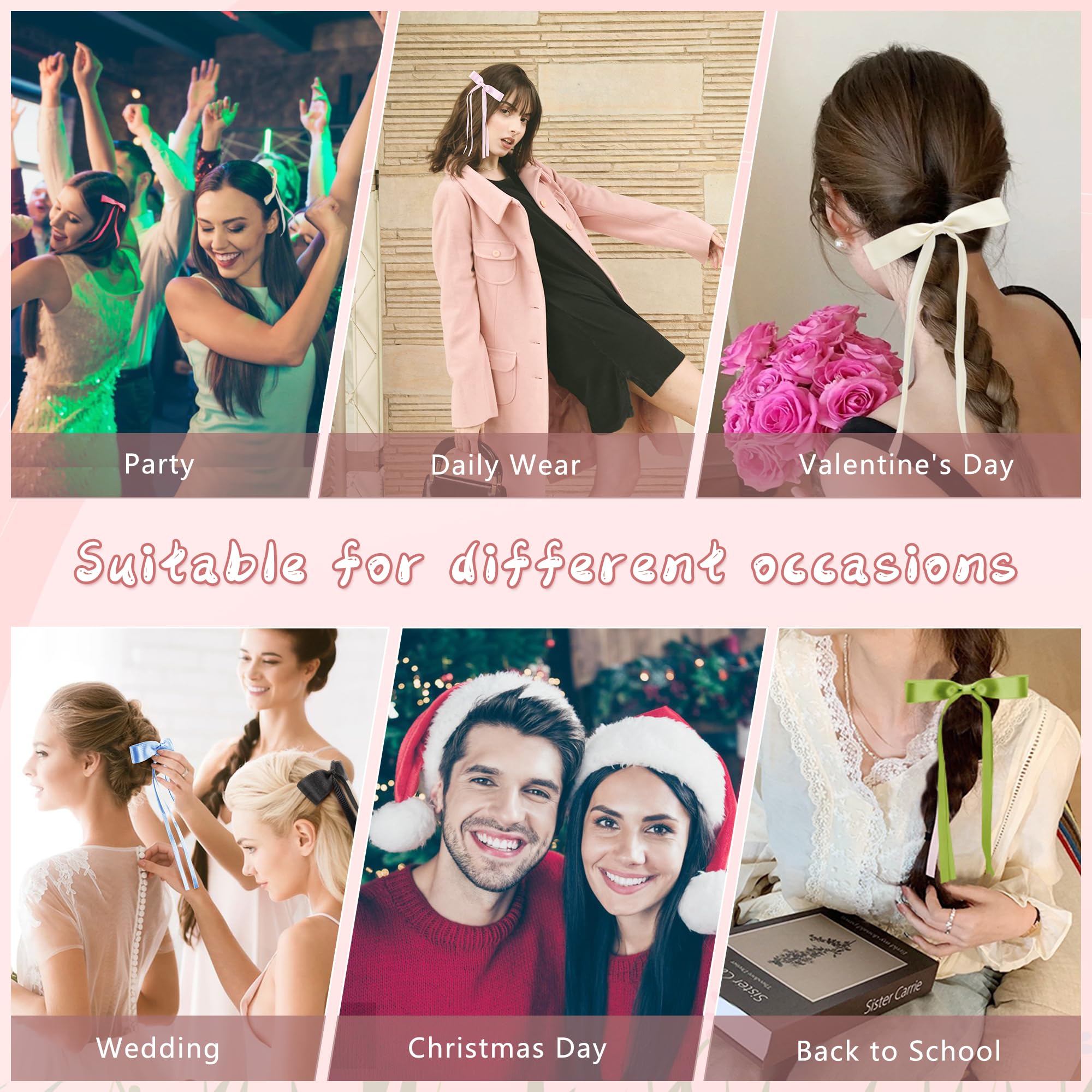 6Pcs Satin Ribbon Hair Bows for Women with Metal Clips - Elegant Tassel Bowknot Hair Clips with Long Tail - Perfect Hair Barrettes & Bow Accessories for Weddings, Parties & Daily Styling