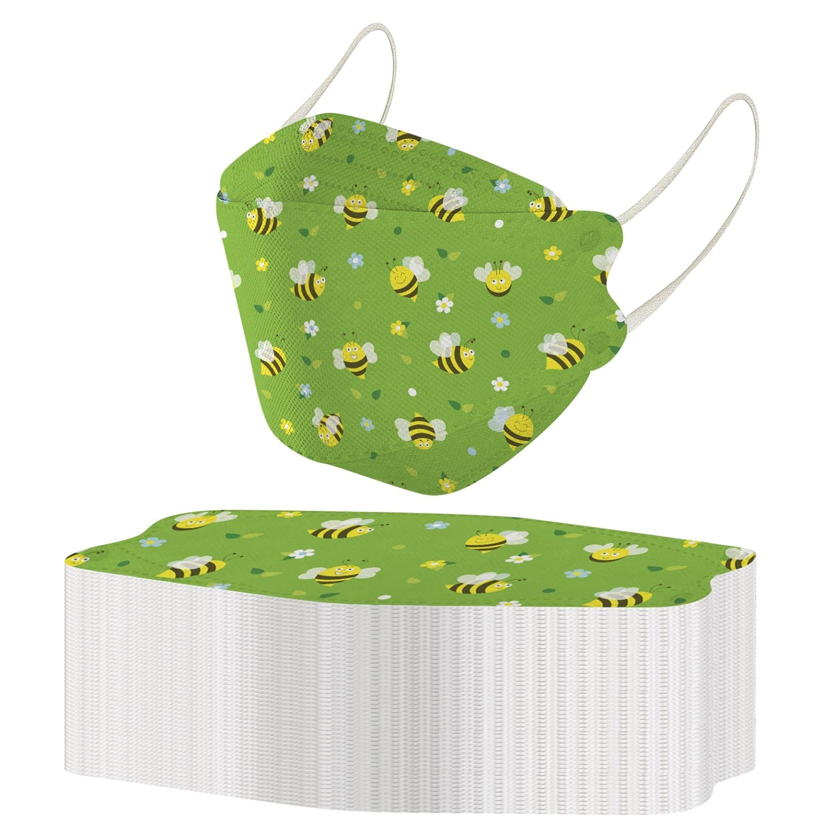 Cute Bee KF94 Disposable Face Masks with Kawaii Bee Print - 4-Ply Fish Shape for Full Face Protection - Breathable & Comfortable for Women & Men - Perfect for School, Work, Travel and Daily Use