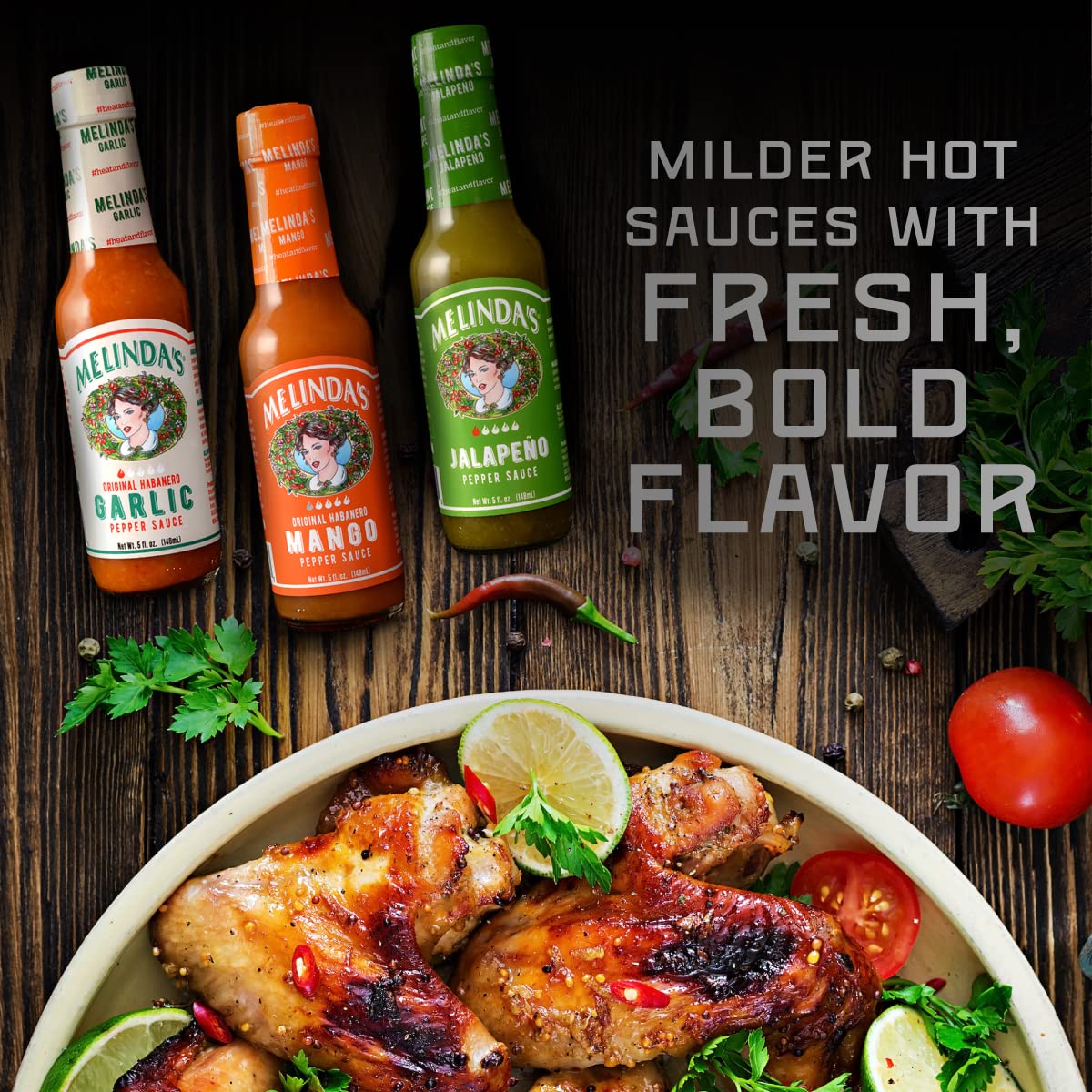 Melinda’s Mild & Wild Gourmet Hot Sauce Variety Pack - 3 Bottles (5oz Each) with Jalapeño, Mango & Garlic Habanero Flavors | Mild Heat Premium Hot Sauce Gift Set for Tacos, Wings & BBQ | Perfect for Home Cooking, Gifts & Spicy Food Lovers