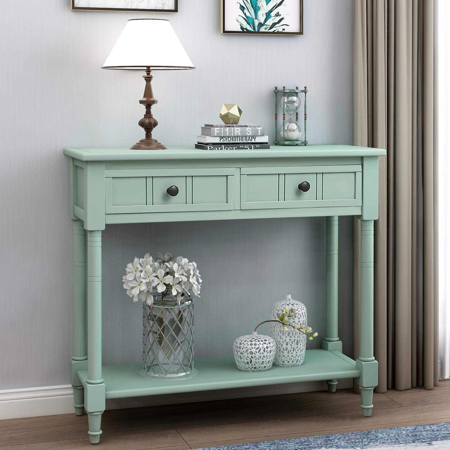 Farmhouse Console Table with 2 Drawers & Bottom Shelf - Acacia Wood Sofa Table for Living Room, Entryway & Hallway - Rustic Sideboard for Home Decor & Storage