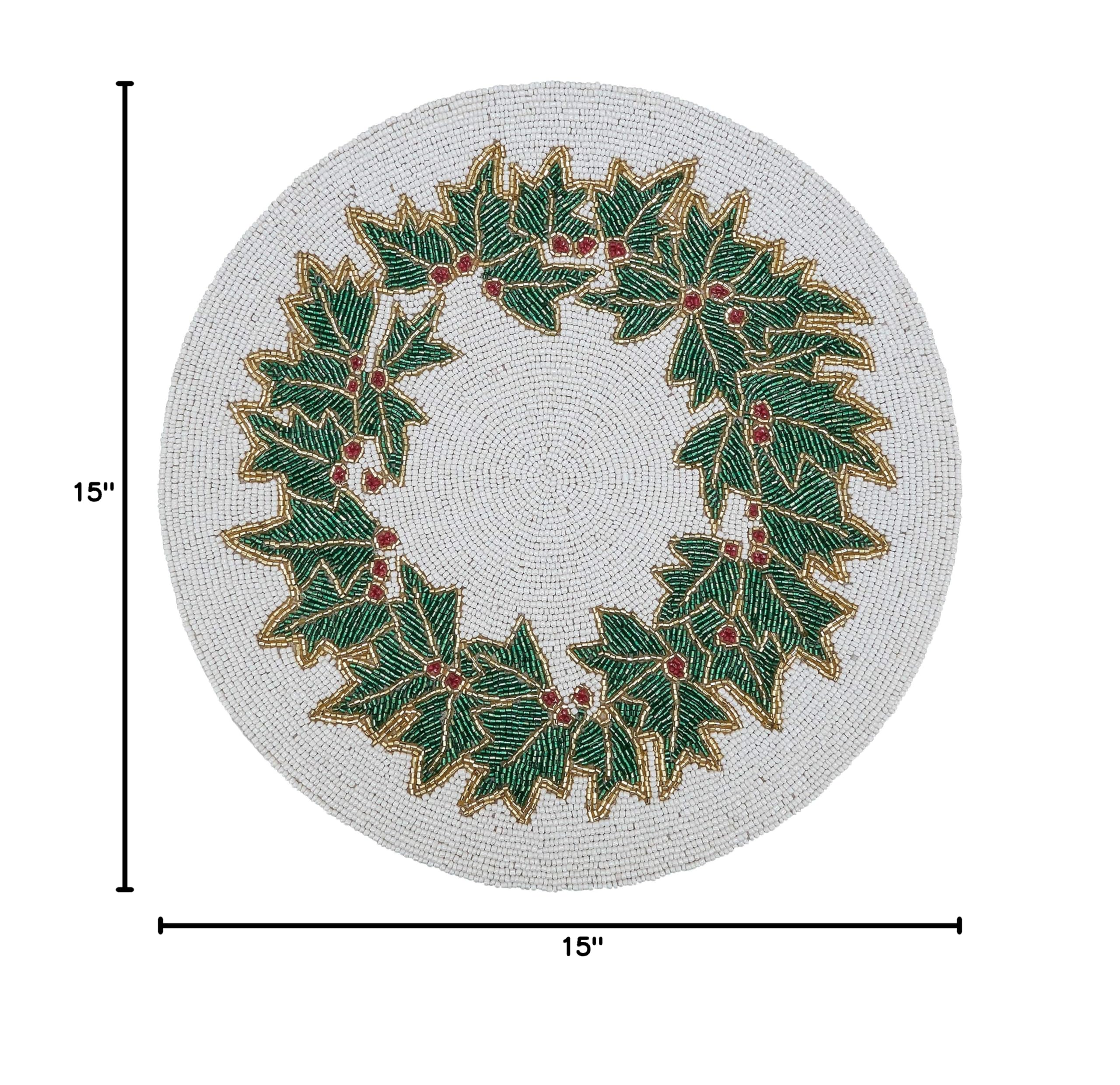 Beaded Holly Placemats Set of 4 - Elegant Christmas Table Decor for Holiday Dining & Party Settings