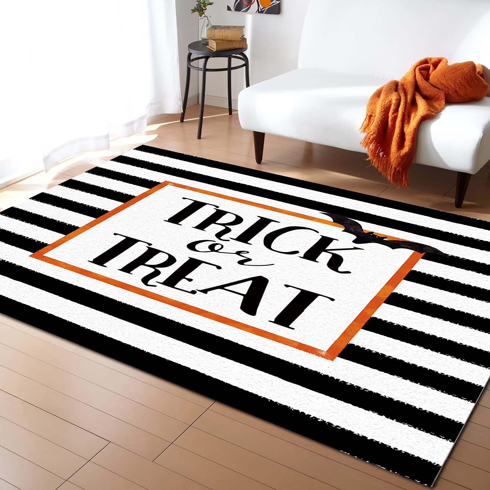 Modern Large Area Rug - Ultra Soft Non-Slip Floor Carpet with Minimalist Black Stripes for Living Room, Bedroom & Dining Room | Halloween Home Decor Trick or Treat Accent Rug - Cozy Throw Rug for Family Gatherings and Holiday Parties