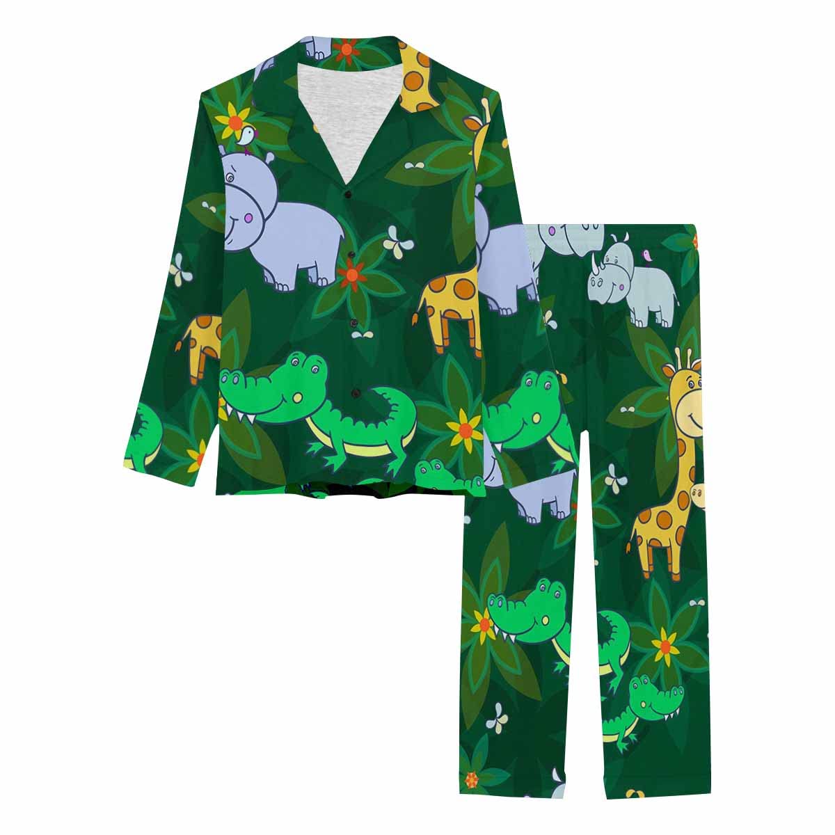 Cute Jungle Animal Pajama Set for Women - Soft Long Sleeve Loungewear with Pockets - Perfect for Sleepwear, Lounge Wear & Cozy Nights at Home