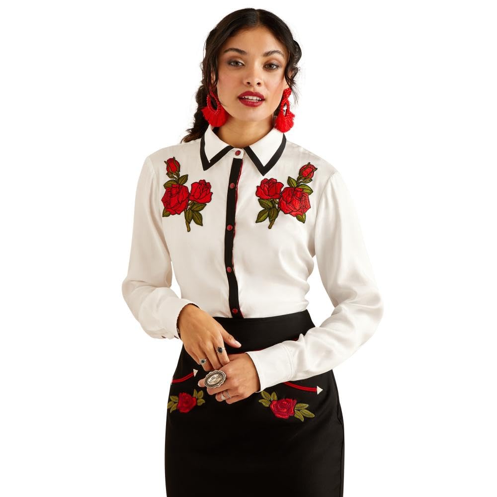 ARIAT Women's Western Rose Rodeo Quincy Long Sleeve Shirt - White - Perfect for Rodeo, Horseback Riding & Country Fashion