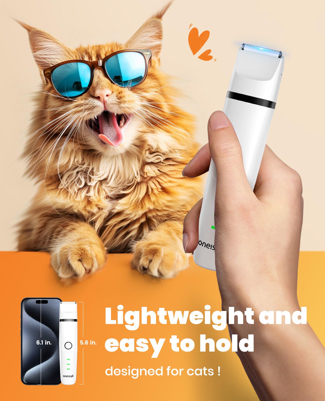 Oneisall Cordless Cat Shaver - Rechargeable 2-Speed Pet Grooming Kit with Quiet Operation | 3-in-1 Electric Clippers for Cats, Dogs & Small Animals | Perfect for Home Use & Travel Grooming Needs