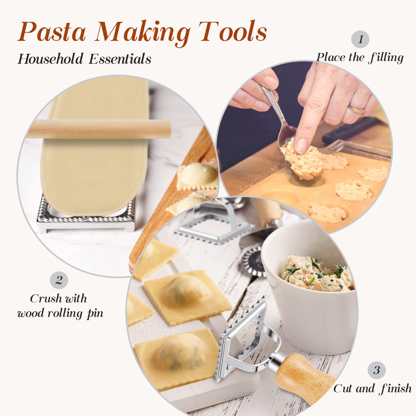 5-Piece Ravioli Mold Set with 12-Hole Press, 3 Pasta Cutters & Wooden Rolling Pin - Complete Pasta Making Kit for Homemade Ravioli, Dumplings & Pelmeni - Perfect Kitchen Gift for Italian Cooking & DIY Pasta Lovers