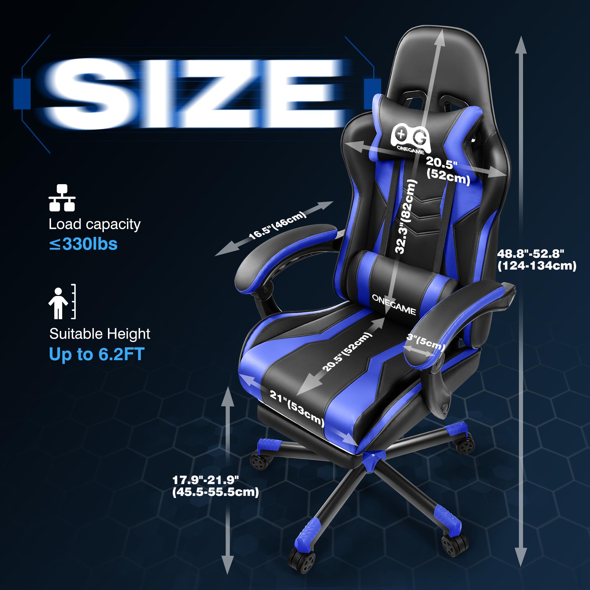 OneGame Ergonomic Gaming Chair with Footrest - High Back PU Leather Racing Style Computer Chair for Home Office - Adjustable Height Video Game Chair (Black/Blue) - Perfect for Esports, Streaming & Long Gaming Sessions