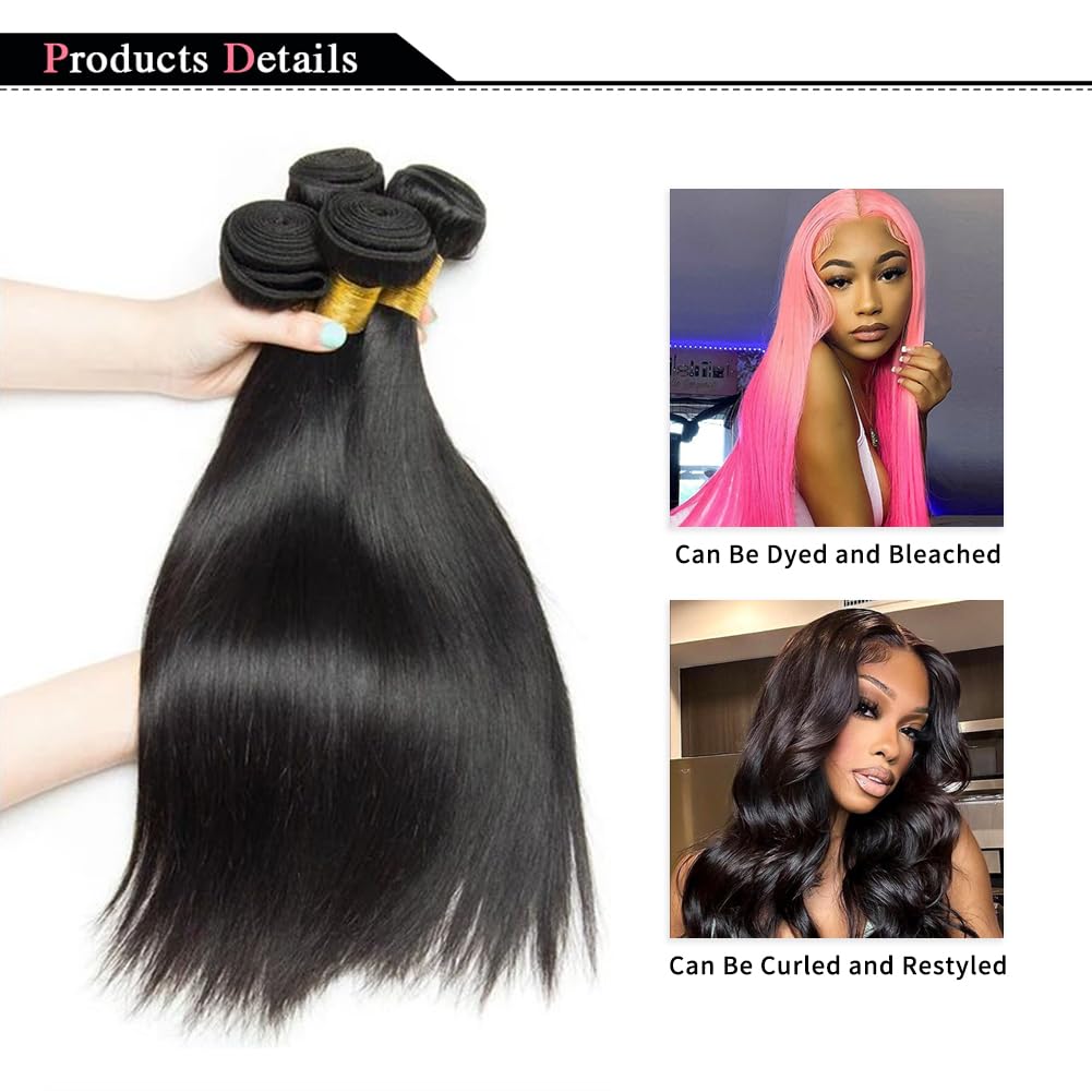 12A Brazilian Straight Virgin Human Hair Bundles - 4 Packs 20 22 24 26 Inch 100% Unprocessed Natural Black Hair Extensions for Women | Perfect for Daily Styling, Weaves & Professional Salon Use