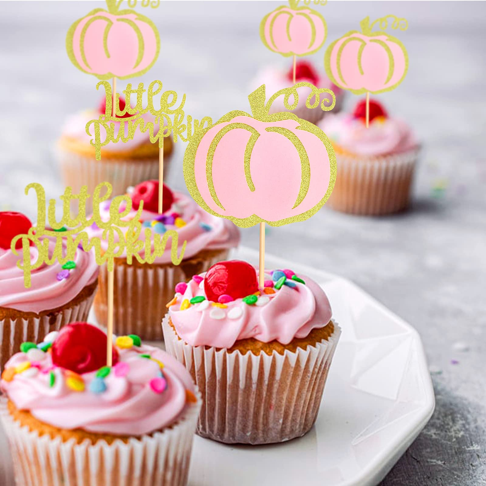 24 Pack Pink Pumpkin Cupcake Toppers - Adorable Baby Shower Decorations, Birthday Party Supplies, Gender Reveal Cake Decor - Perfect for Halloween, Fall Celebrations & Themed Desserts