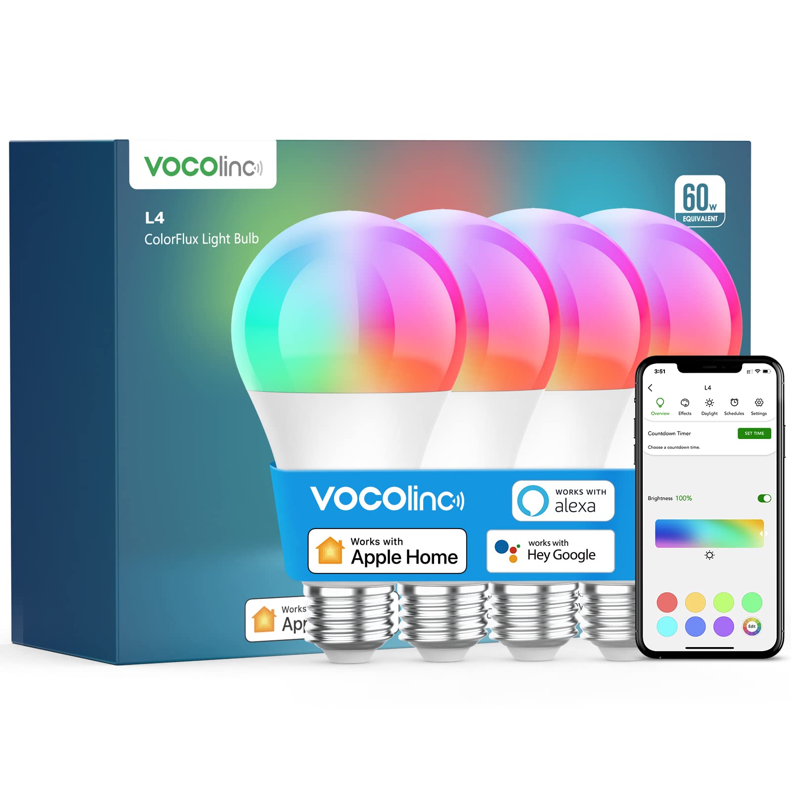 VOCOlinc Smart Light Bulb 4 Pack - Full Color Changing WiFi LED Bulbs (A21, 9.5W) Works with Apple HomeKit, Alexa & Google Assistant - 850 Lumens Dimmable RGBW Multicolor (2200K-7000K) for Bedroom, Living Room & Home Decor
