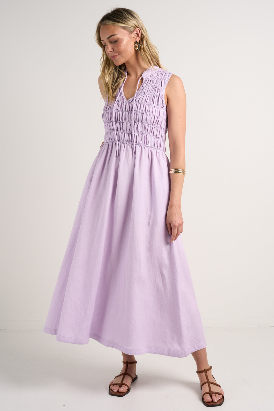 Lilac Sleeveless Split Neck Shirred Midi Dress for Women - Summer Casual Flowy Dress for Beach, Party & Vacation