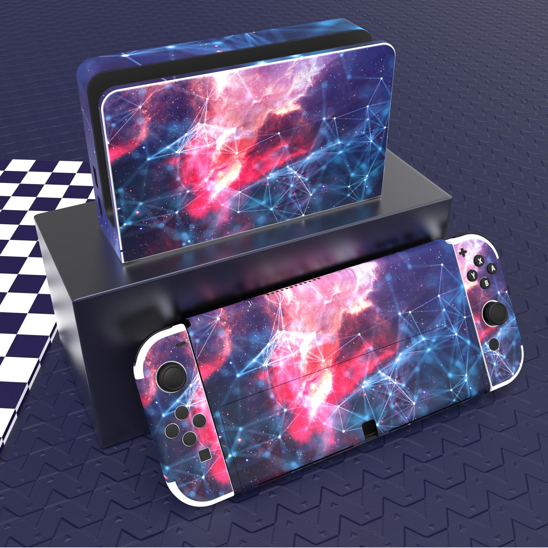 PlayVital Full Protective Sticker Set for Nintendo Switch OLED Model - Custom Vinyl Decal Skin for Console, Joy-Con, Dock & Grip - Galaxy Space Design | Perfect for Gaming Protection & Personalized Style