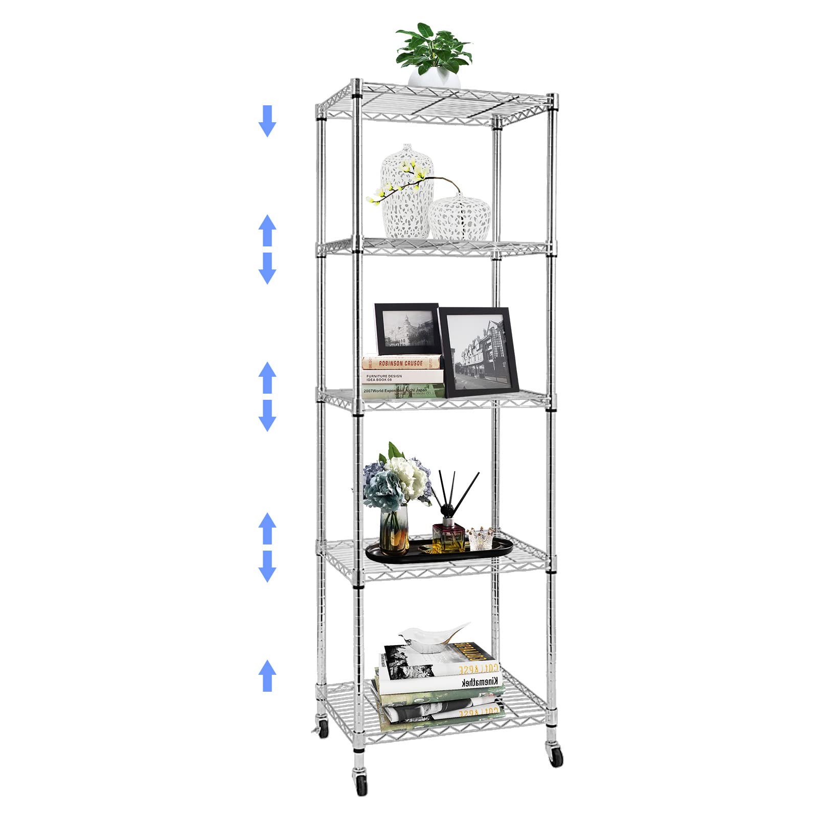 BNSPLY 5-Tier Adjustable Wire Shelving Unit with Locking Wheels - NSF Certified Metal Storage Rack for Kitchen, Laundry, Bathroom - 17.7