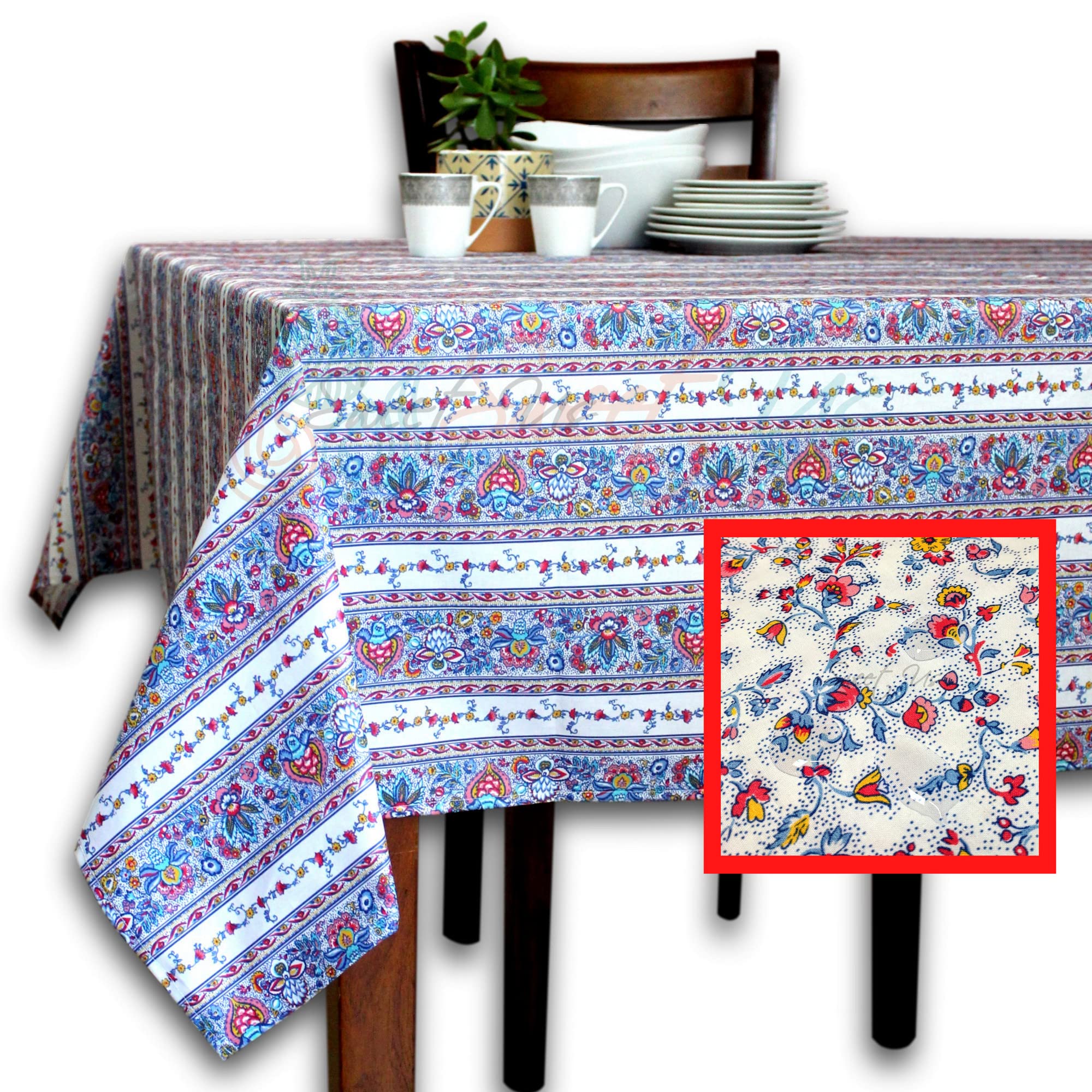Spill-Resistant Wipeable Acrylic Coated Floral Cotton Tablecloth - French Provencal Style 60x116 Inches Rectangle Table Cover in White Indienne Florale Design - Perfect for Dining Room, Kitchen, Outdoor Picnics & Special Occasions