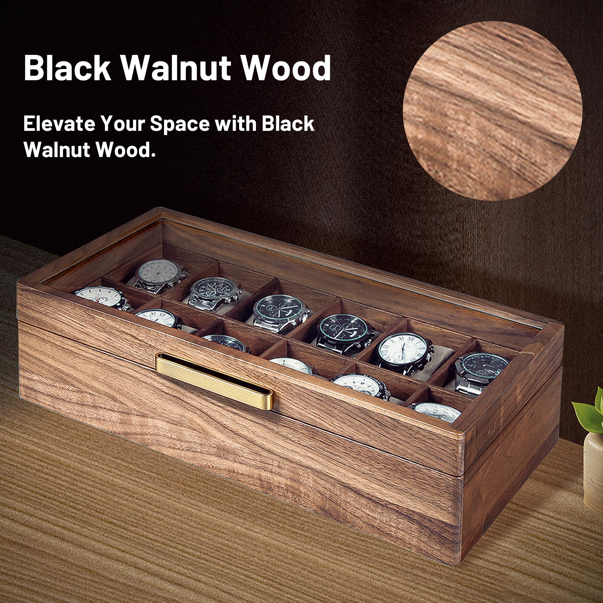 Premium Black Walnut Wood Watch Case for Men - 12-Slot Luxury Watch Box with Glass Lid & Soft Watch Pillows | Elegant Watch Holder, Display Case & Storage Organizer | Perfect for Watch Collectors, Gifts & Home Décor