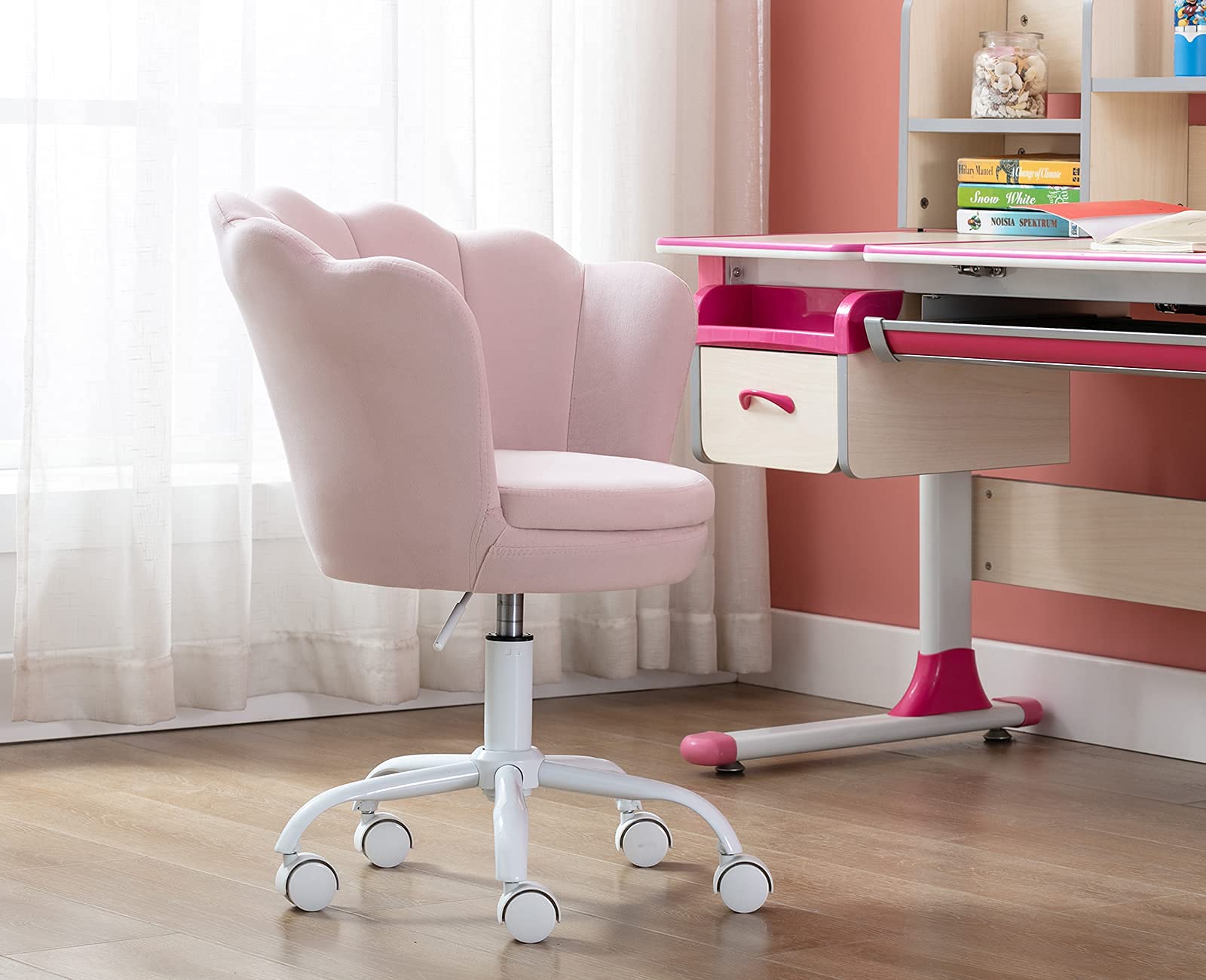 Velvet Swivel Accent Chair for Kids - Adjustable Study Desk Chair with Seashell Back, Pink Upholstered Vanity Chair for Teens' Bedroom, Living Room & Homework Station - Perfect for Computer Work, Reading & Study Sessions