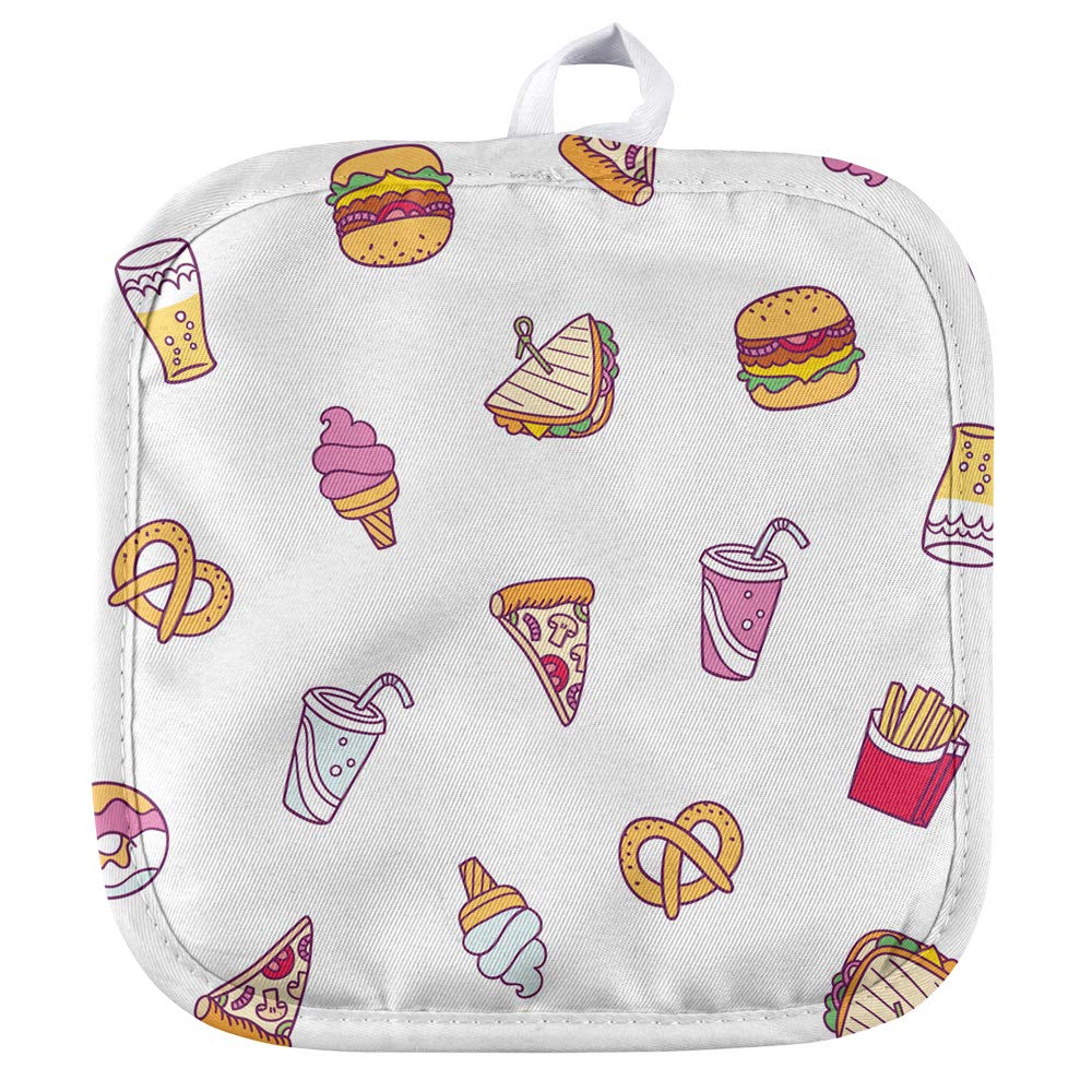 Junk Food Snacks Pattern Heat Resistant Pot Holder - Cute Kitchen & BBQ Mitt for Cooking, Baking, Grilling - Perfect for Indoor & Outdoor Use