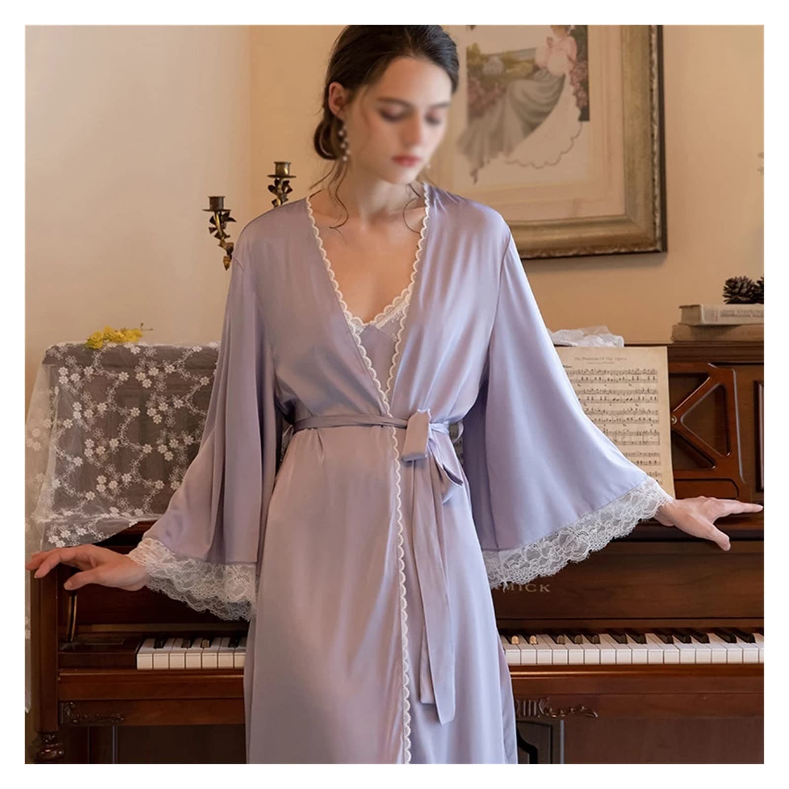 BAPYZ Women's Satin Lace Nightgown & Kimono Robe Set - Sexy Sleepwear, Long Lingerie Nighty & Lounge Wear for Home, Bedroom, Honeymoon (Color A, Size L) - Perfect for Valentine's Day, Anniversary Gifts & Romantic Evenings