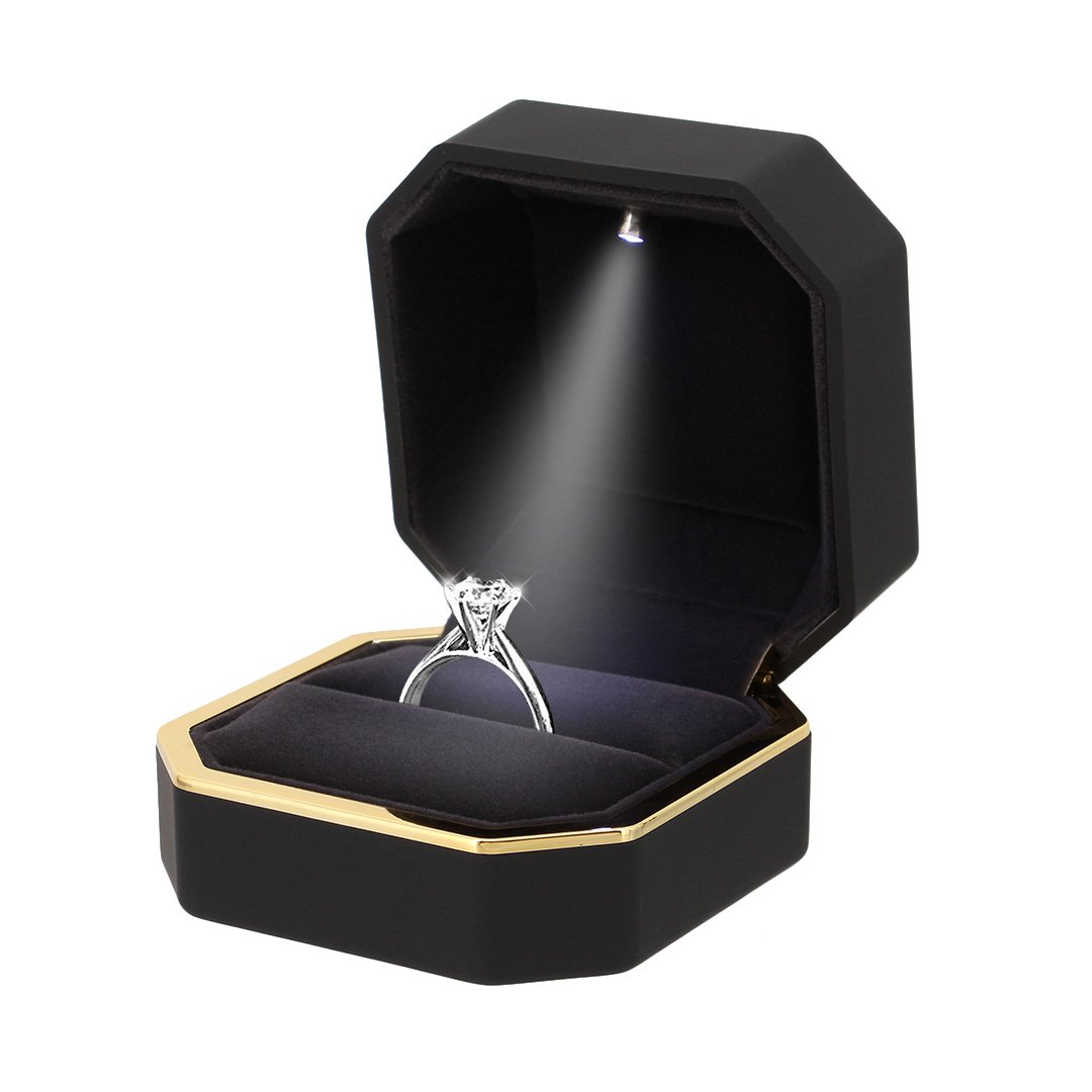 Multifit Square Velvet Engagement Ring Box with LED Light - Elegant Jewelry Gift Case for Proposals, Wedding, Anniversary (Black) | Perfect for Romantic Surprises & Special Occasions
