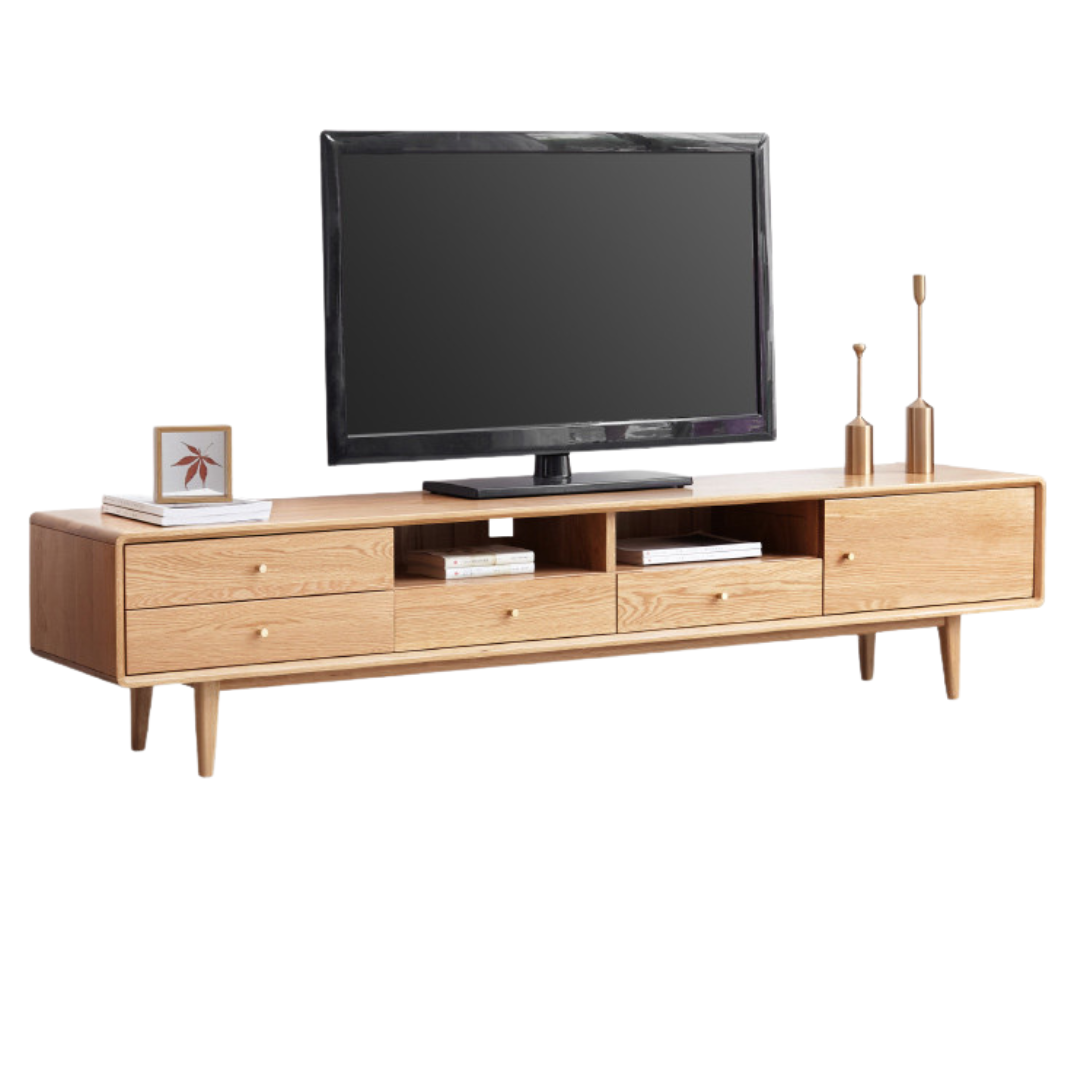 Solid Oak Wood TV Stand - Modern Entertainment Center with Storage Shelves for Living Room, Bedroom & Home Theater