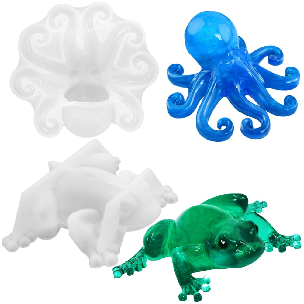 2 Pcs Octopus Frog Resin Molds - 3D Animal Epoxy Silicone Molds for DIY Craft, Jewelry Making, Home Decor & Desktop Ornament - Perfect for Resin Art, Cake Decorating & Gift Making