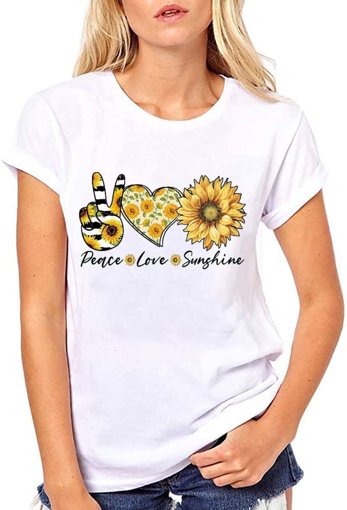 Peace Love Sunshine Sunflower T-Shirt for Women - Summer Graphic Tee with Sunflower Design - Crewneck Short Sleeve Cotton Top - Perfect for Casual Wear, Beach Outings & Music Festivals