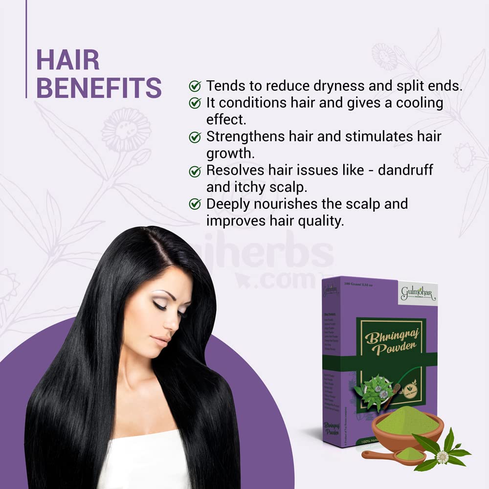 Gulmohar 100% Natural Bhringraj Powder for Hair Growth & Care - 100g | Ayurvedic Herbal Treatment for Thicker, Longer Hair | Promotes Scalp Health & Reduces Hair Fall - Perfect for DIY Hair Masks & Natural Hair Care Routines