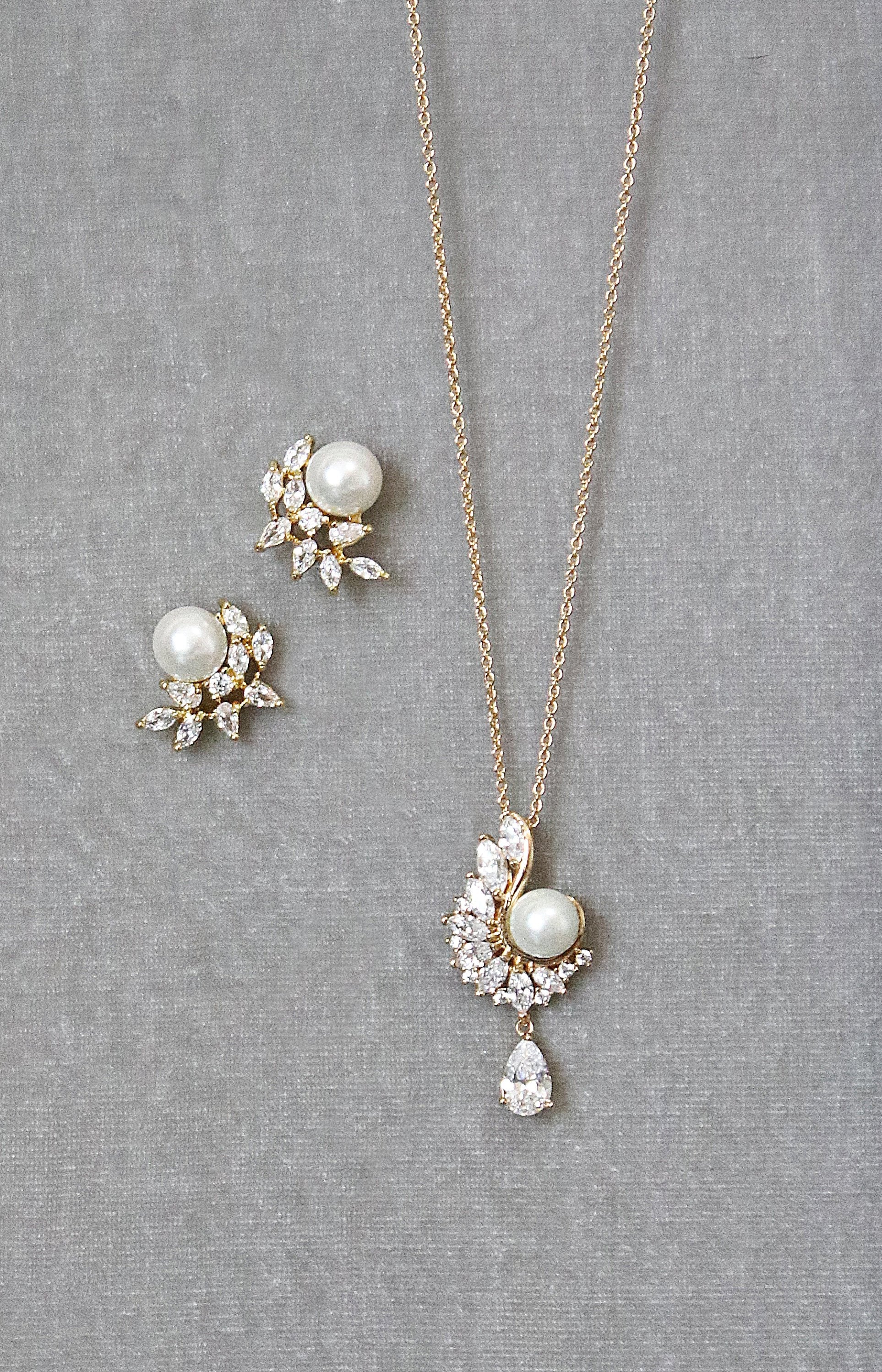 MIRABEL 14K Gold Plated Simulated Diamond and Pearl Drop Necklace & Earrings Set for Women - Elegant Jewelry Gift for Wedding, Party & Special Occasions