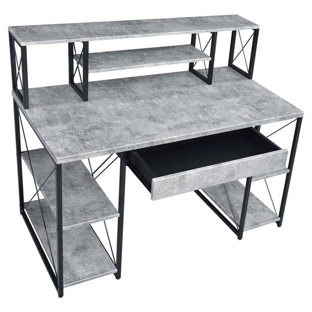 Acme Amiel Wooden 1-Drawer Writing Desk in Faux Concrete & Black - Modern Home Office Desk for Small Spaces, Study & Work from Home