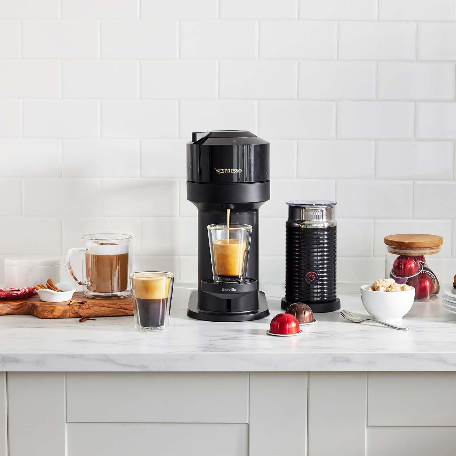 Nespresso Vertuo Next Coffee Machine by Breville with Aeroccino Milk Frother - Limited Edition Black Gloss - Perfect for Home & Office Espresso Lovers