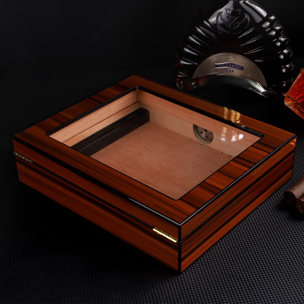 Premium Spanish Cedar Wood Cigar Humidor Box with Glass Top, Built-in Humidifier, Hygrometer & Divider - Holds 20-30 Cigars - High Gloss Finish Desktop Humidor for Cigar Storage & Aging - Perfect for Home, Office or Gifts for Cigar Enthusiasts