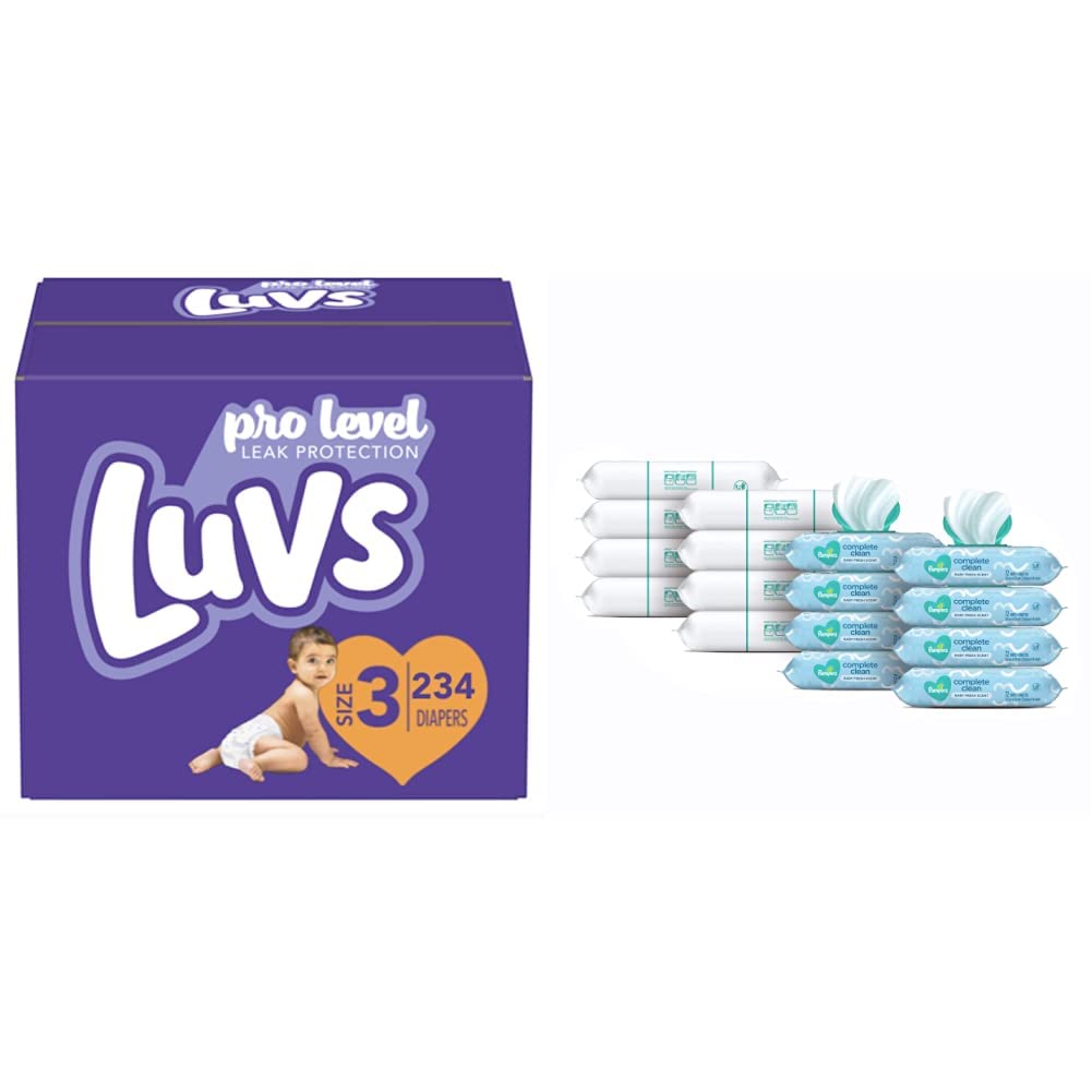 Luvs Pro Level Leak Protection Diapers Size 3 (2 X 234 Count) & Pampers Complete Clean Scented Baby Wipes, 8 Pop-Top Packs + 8 Refill Packs (1152 Wipes Total) - Ultra Absorbent for Overnight Use & Gentle Skin Care for Newborns and Toddlers - Perfect for Home, Travel and Daycare Essentials